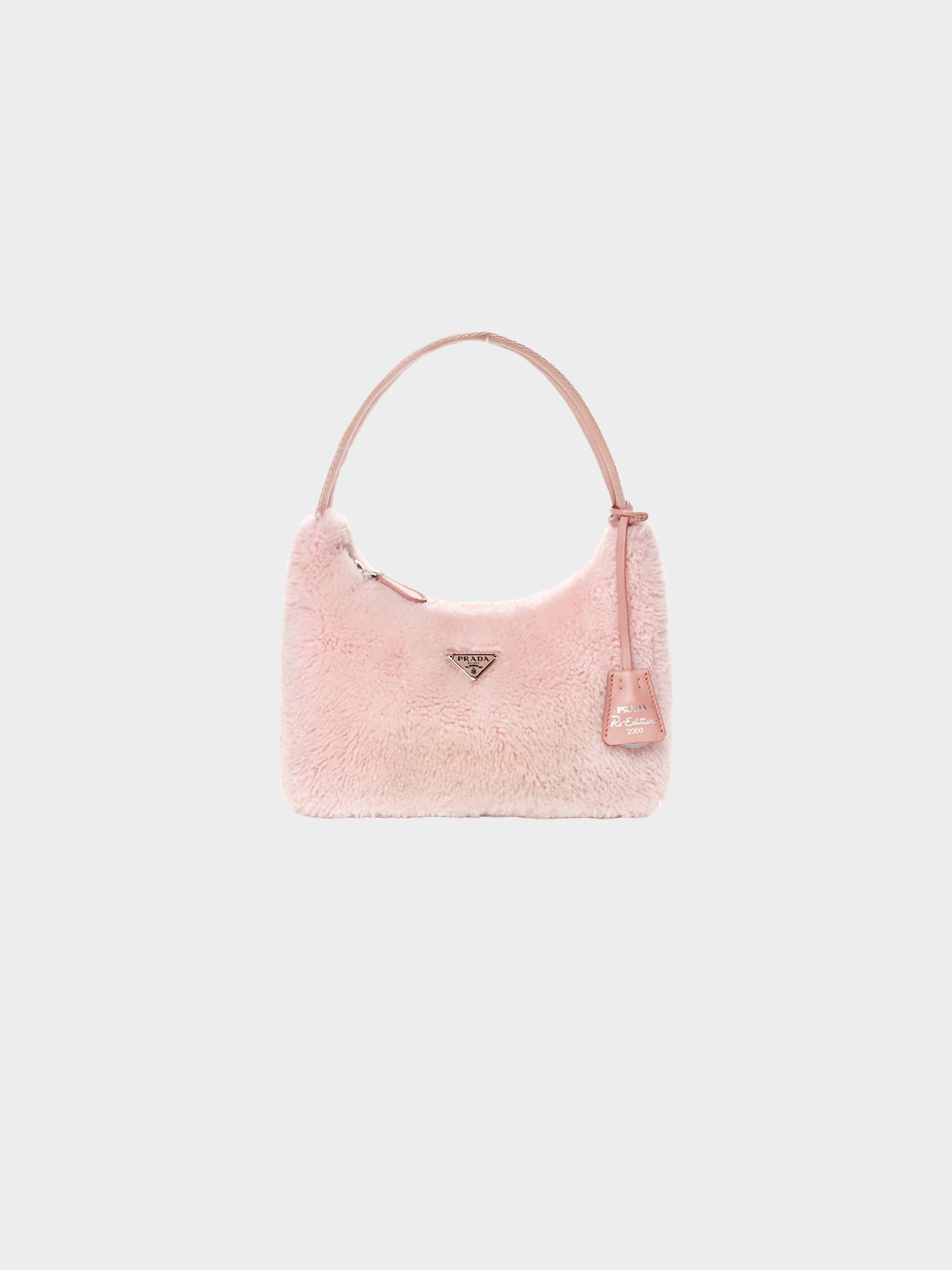 Prada 2020s Light Pink Shearling Mini Re-Edition 2000 Bag
