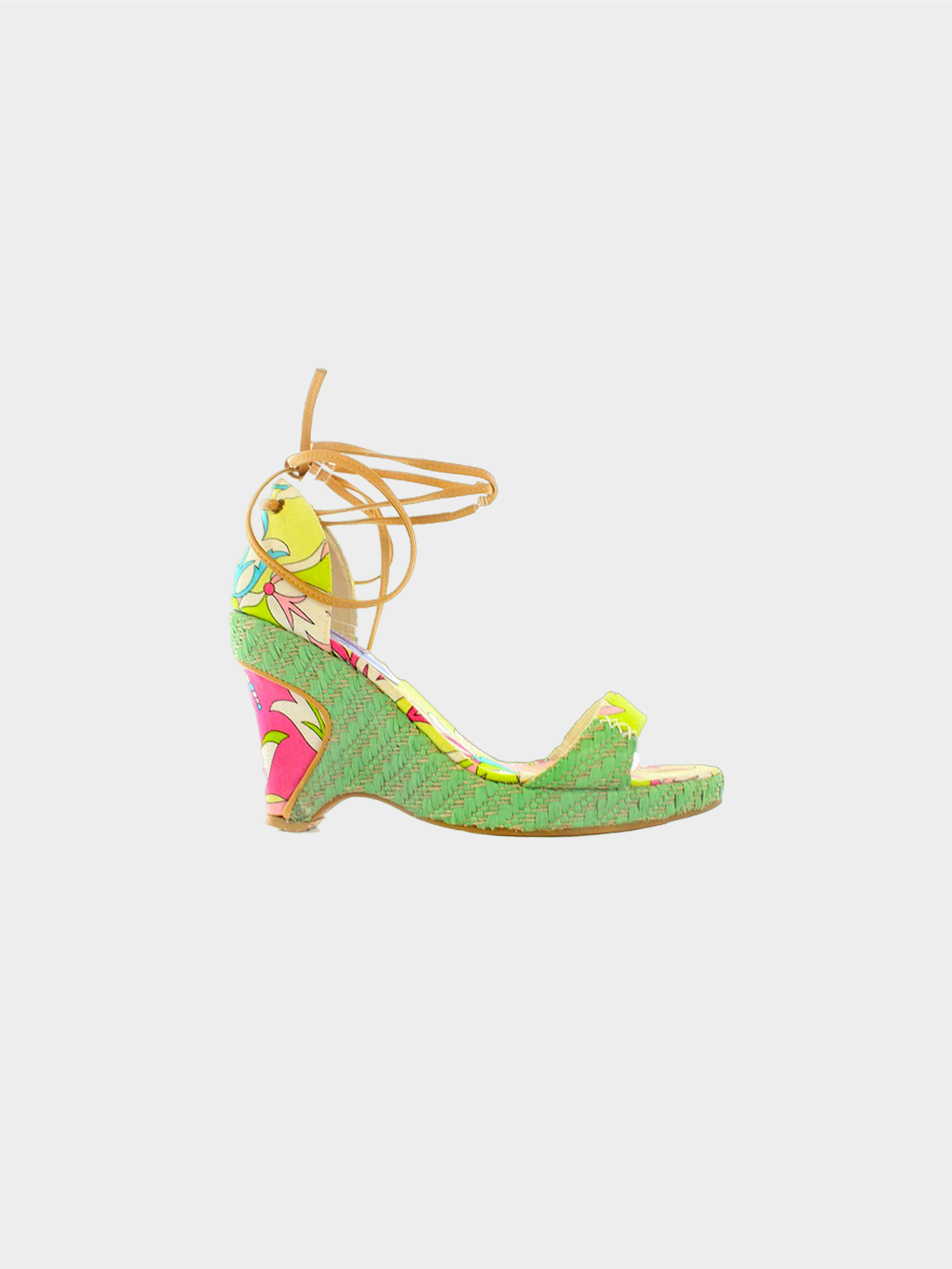 Emilio Pucci 2000s Floral Print Lace up Wedged Heels