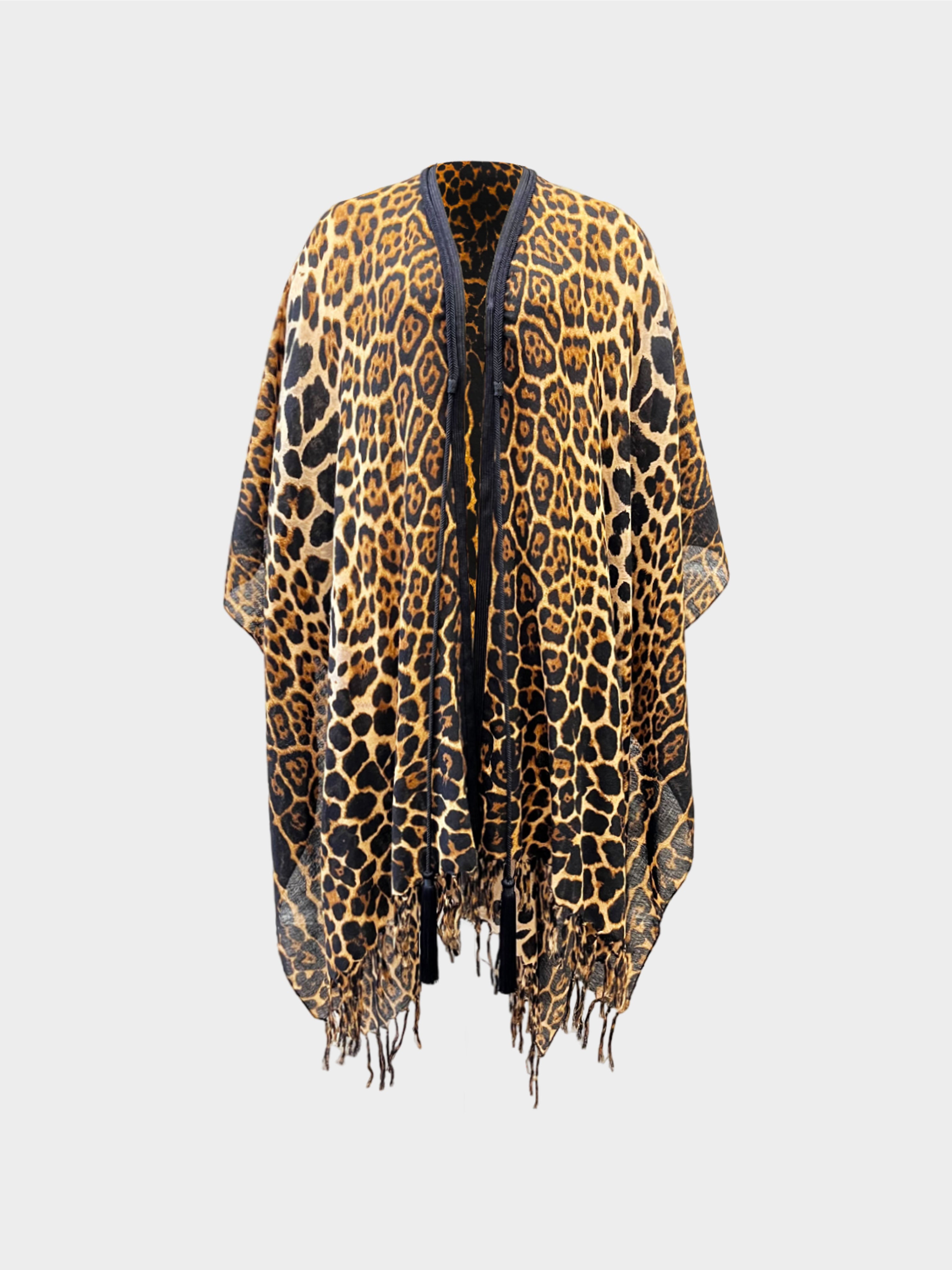 Saint Laurent 2020 Leopard Print Fringed Poncho with Tassels