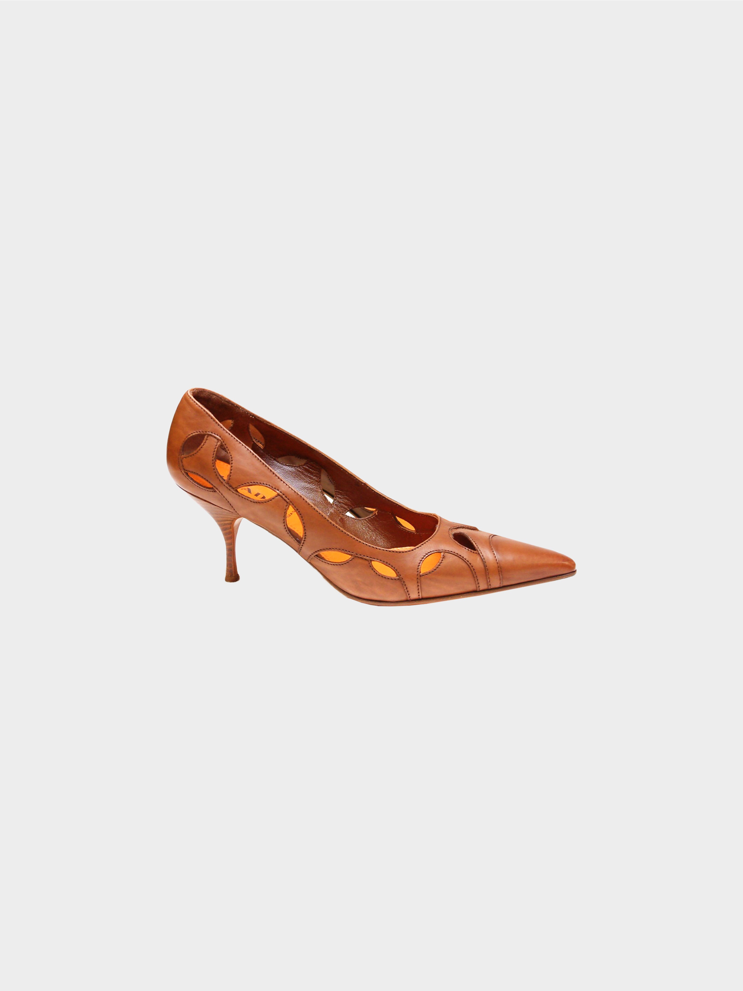 Prada 1990s Brown Leather Cutout Pumps