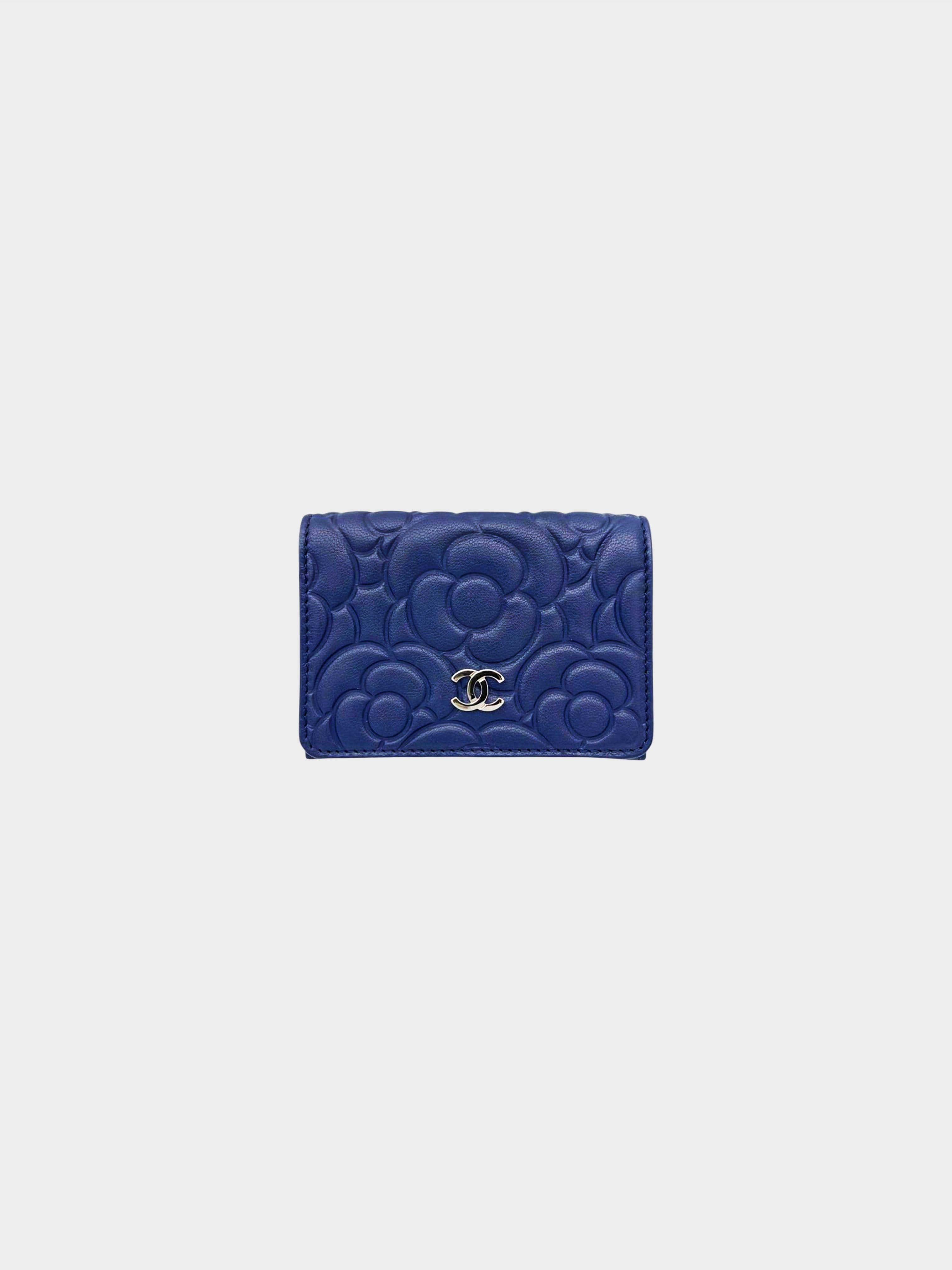 Chanel 2019 Navy Camellia Embossed Trifold Wallet