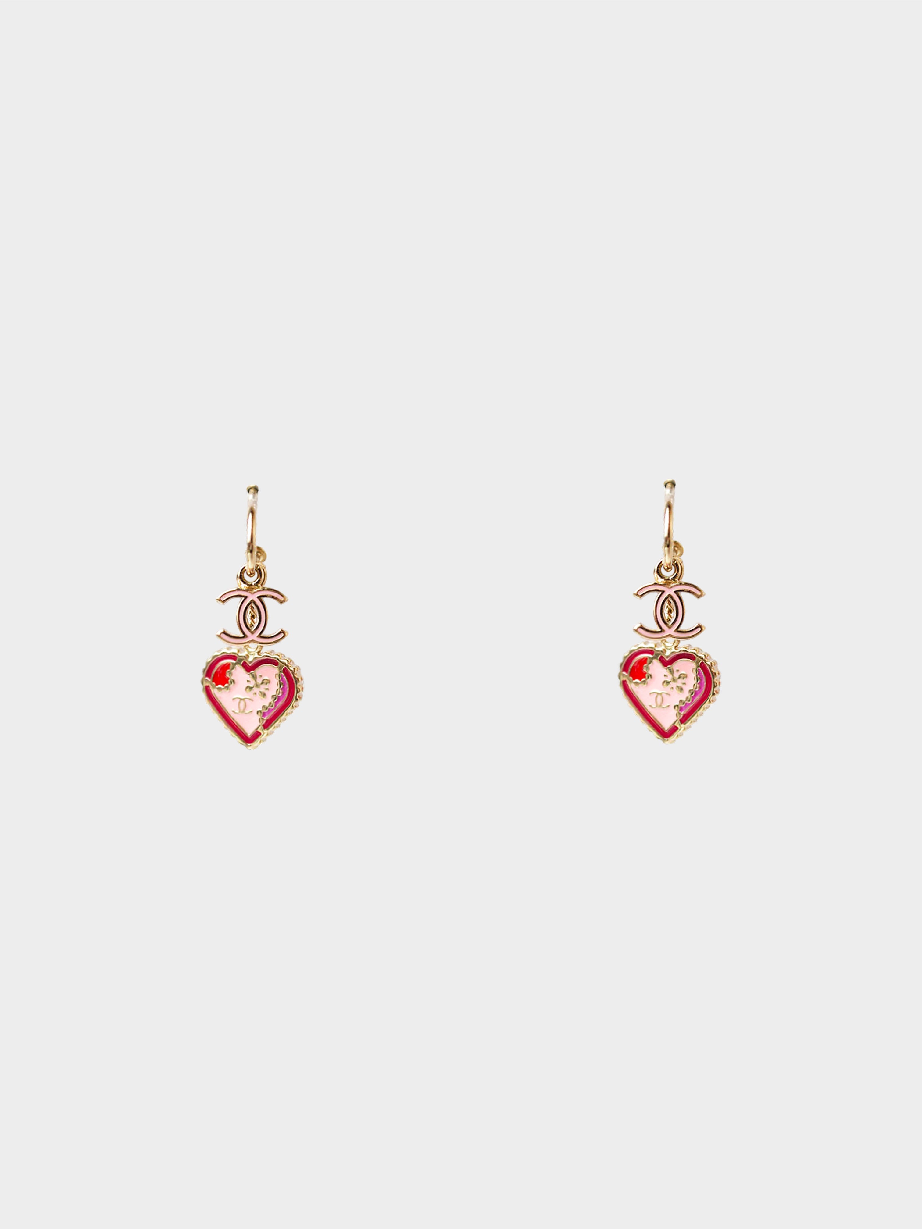 Chanel Spring 2005 Gold and Pink CC Logo and Heart Swing Earrings