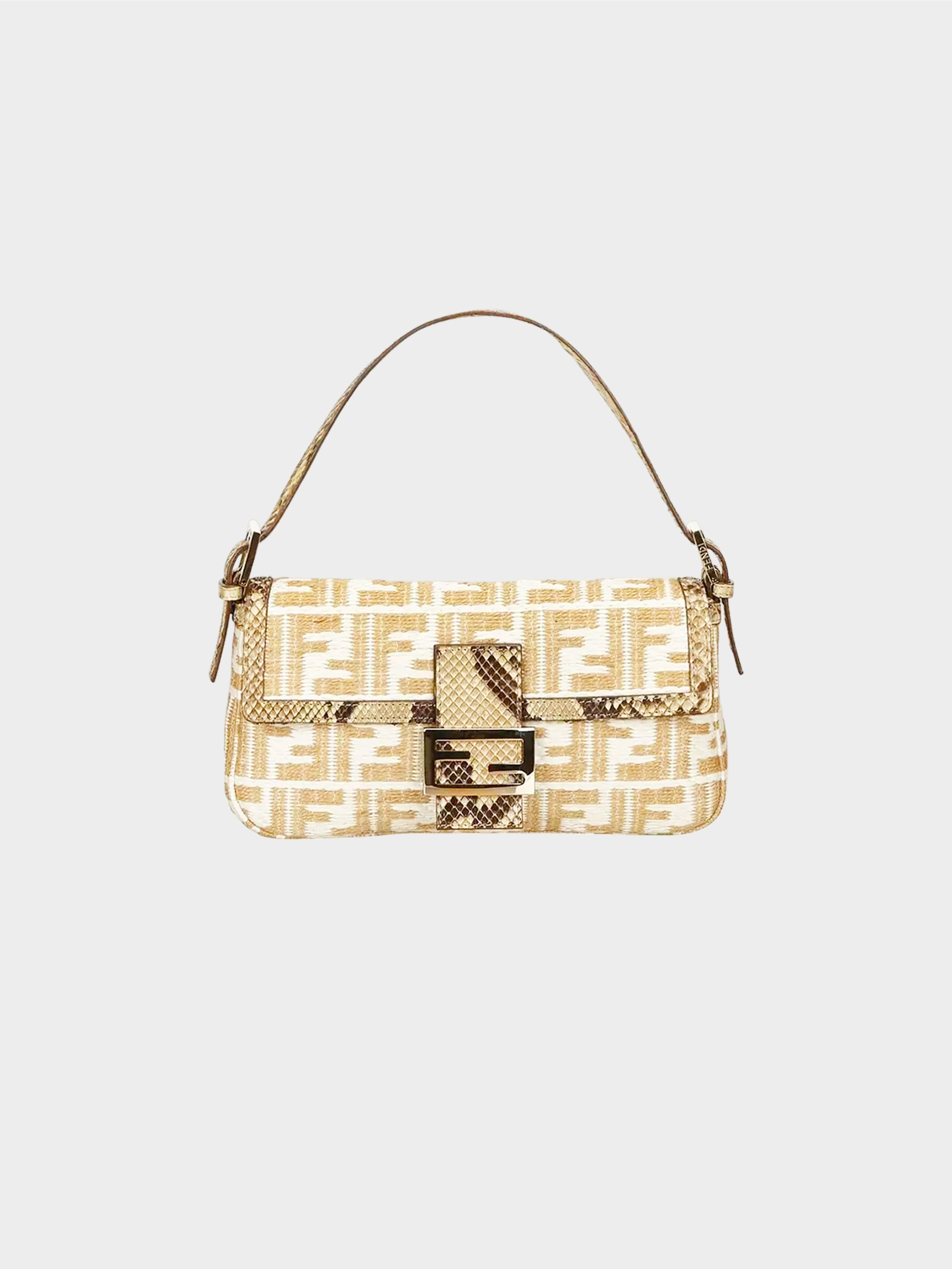 Fendi 2000s Beige and White Python-Trimmed Woven Zucca Baguette