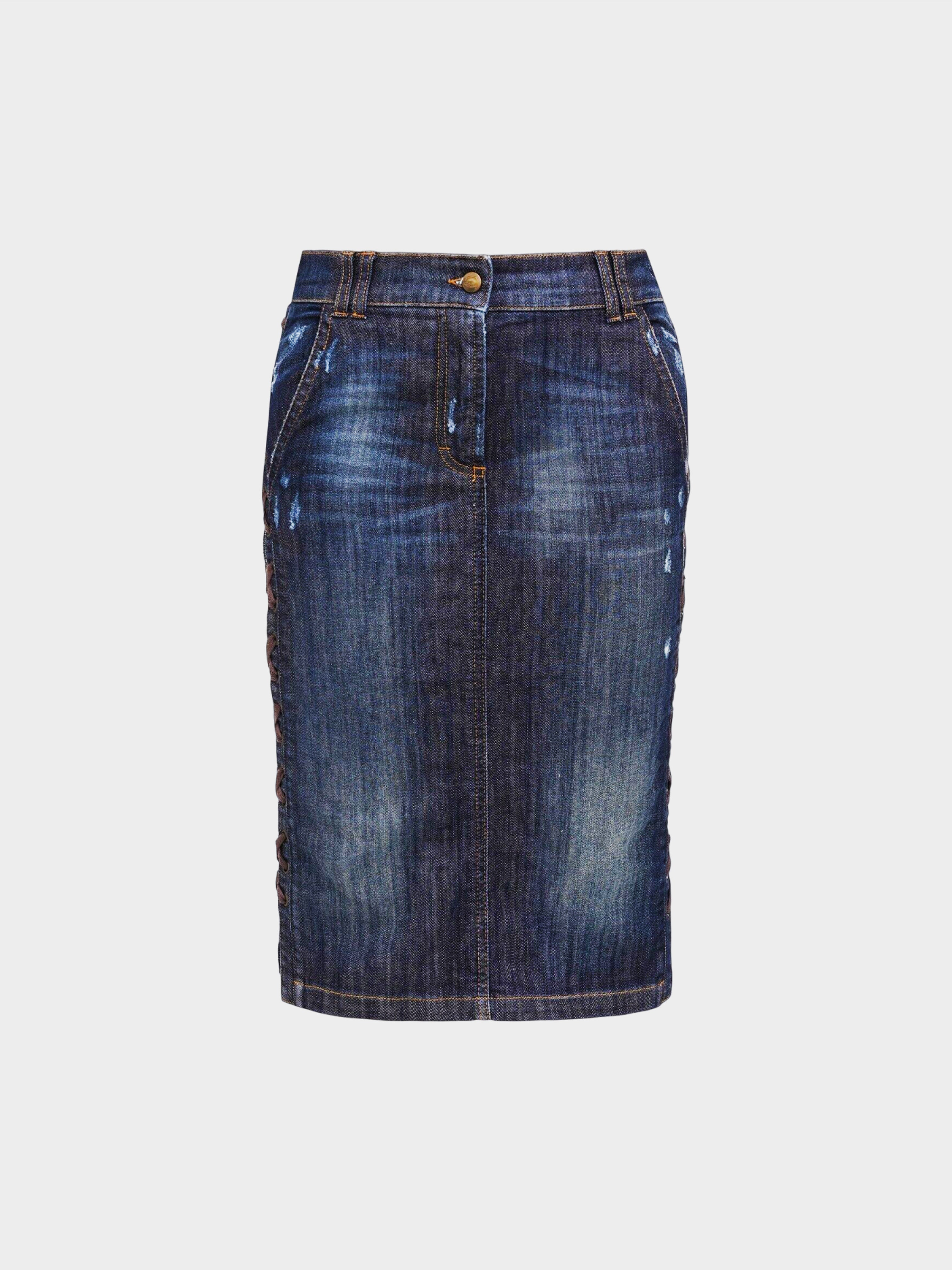 Just Cavalli 2000s Lace Up Denim Blue Midi Skirt