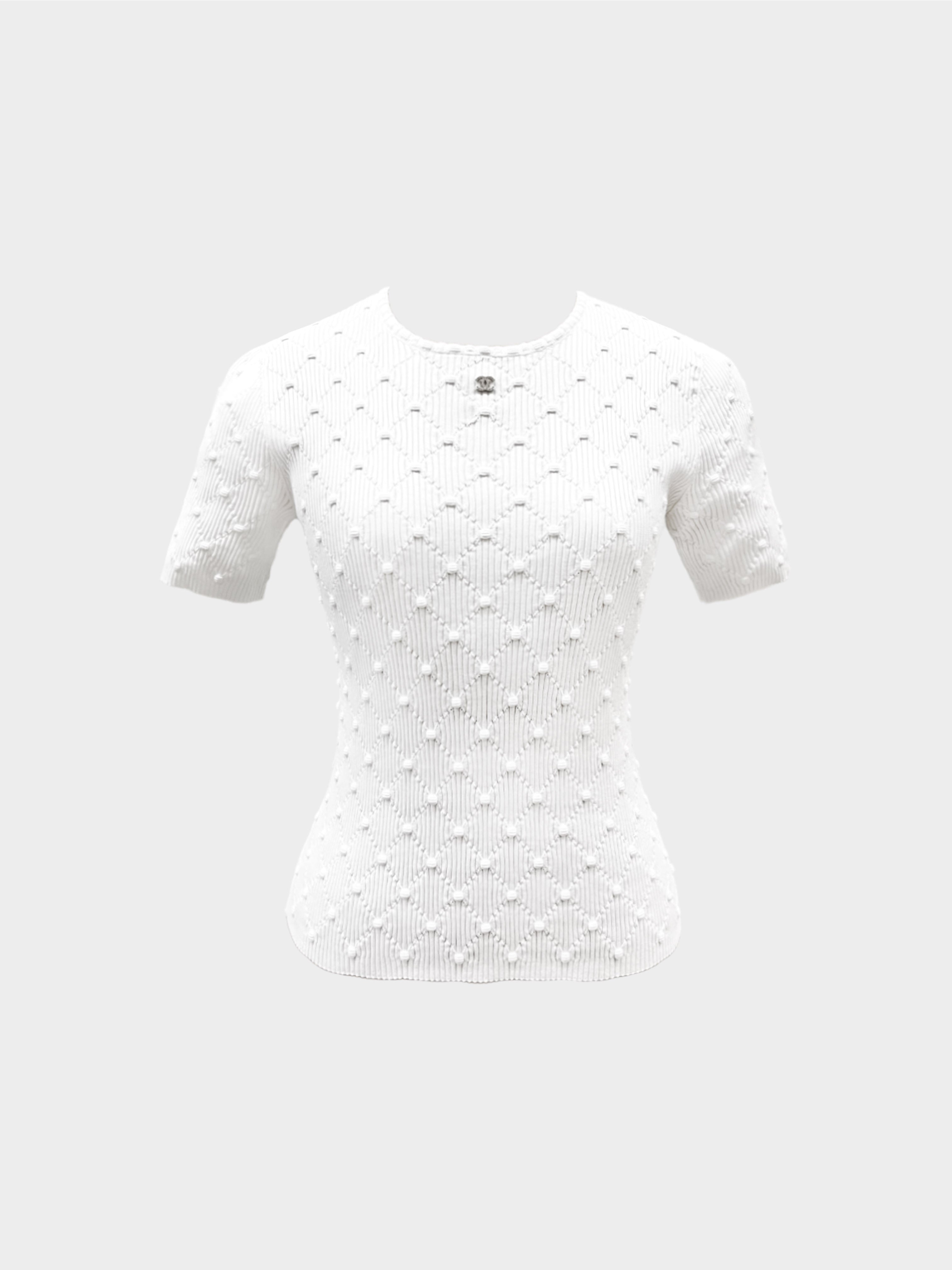 Chanel FW 2001 White Quilted Pattern Cotton Knit Top