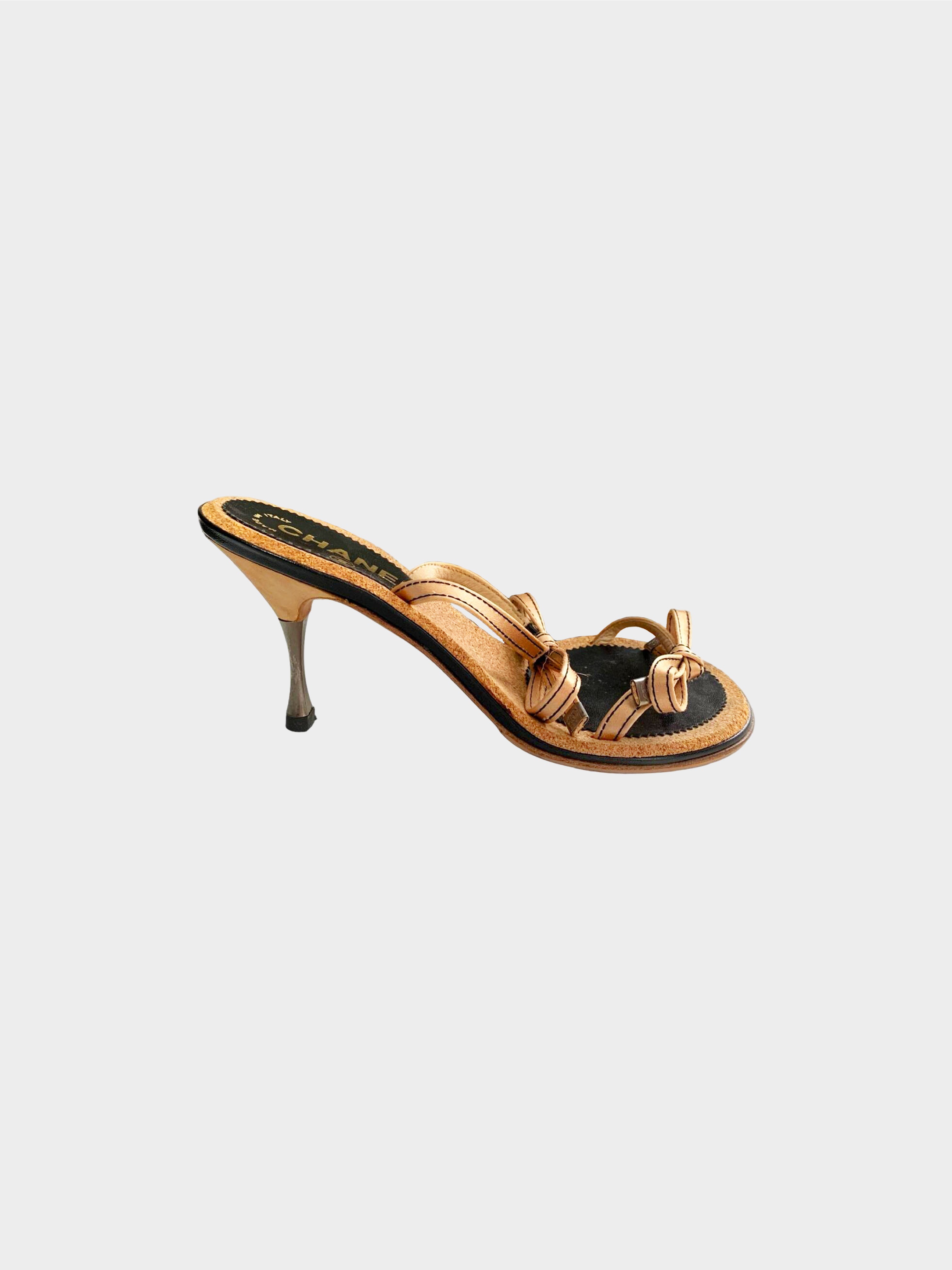 Chanel 2000s Brown Satin Bow Motif Cork Heels