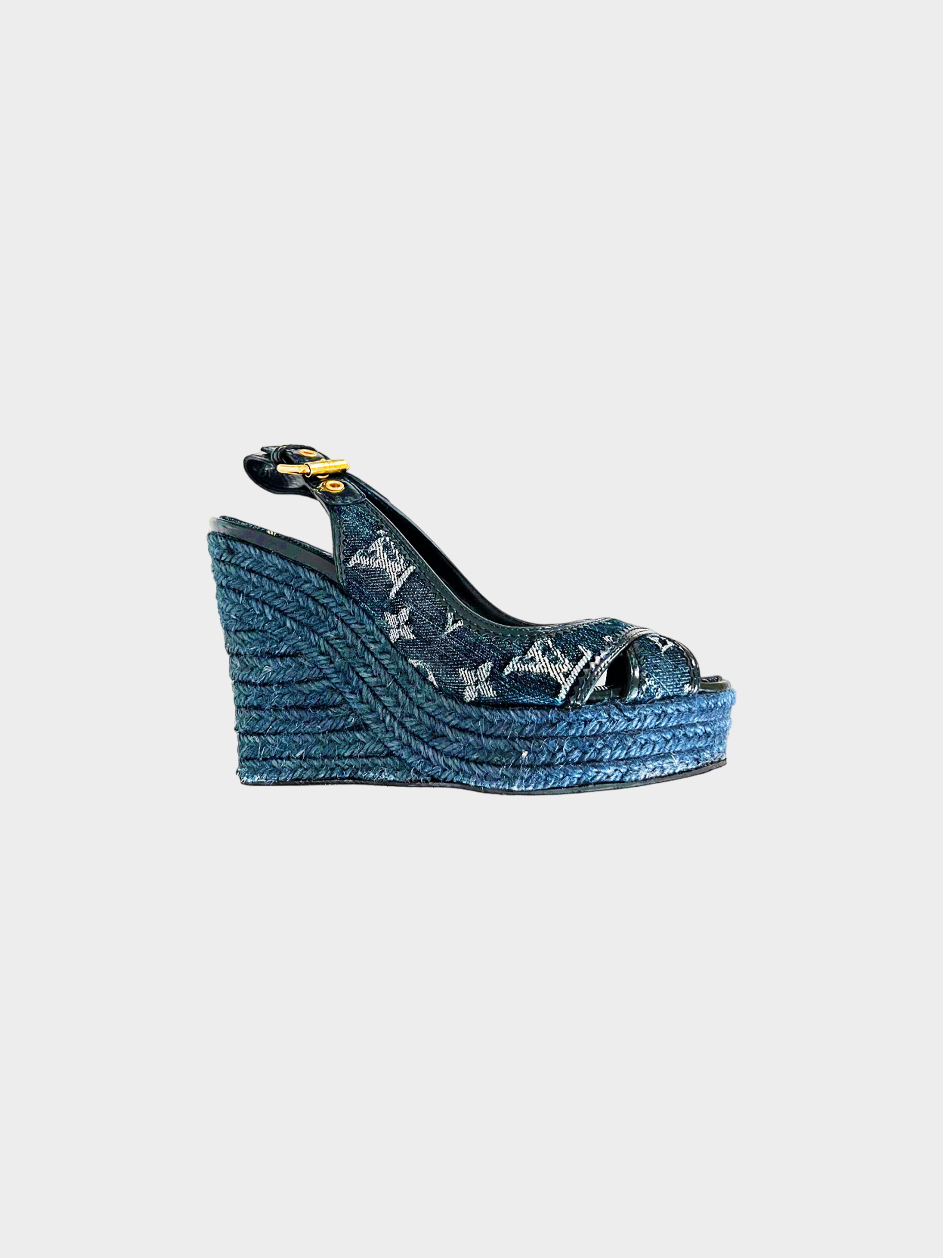 Louis Vuitton Early 2010s Navy Denim Slingback Espadrille Wedge Sandals