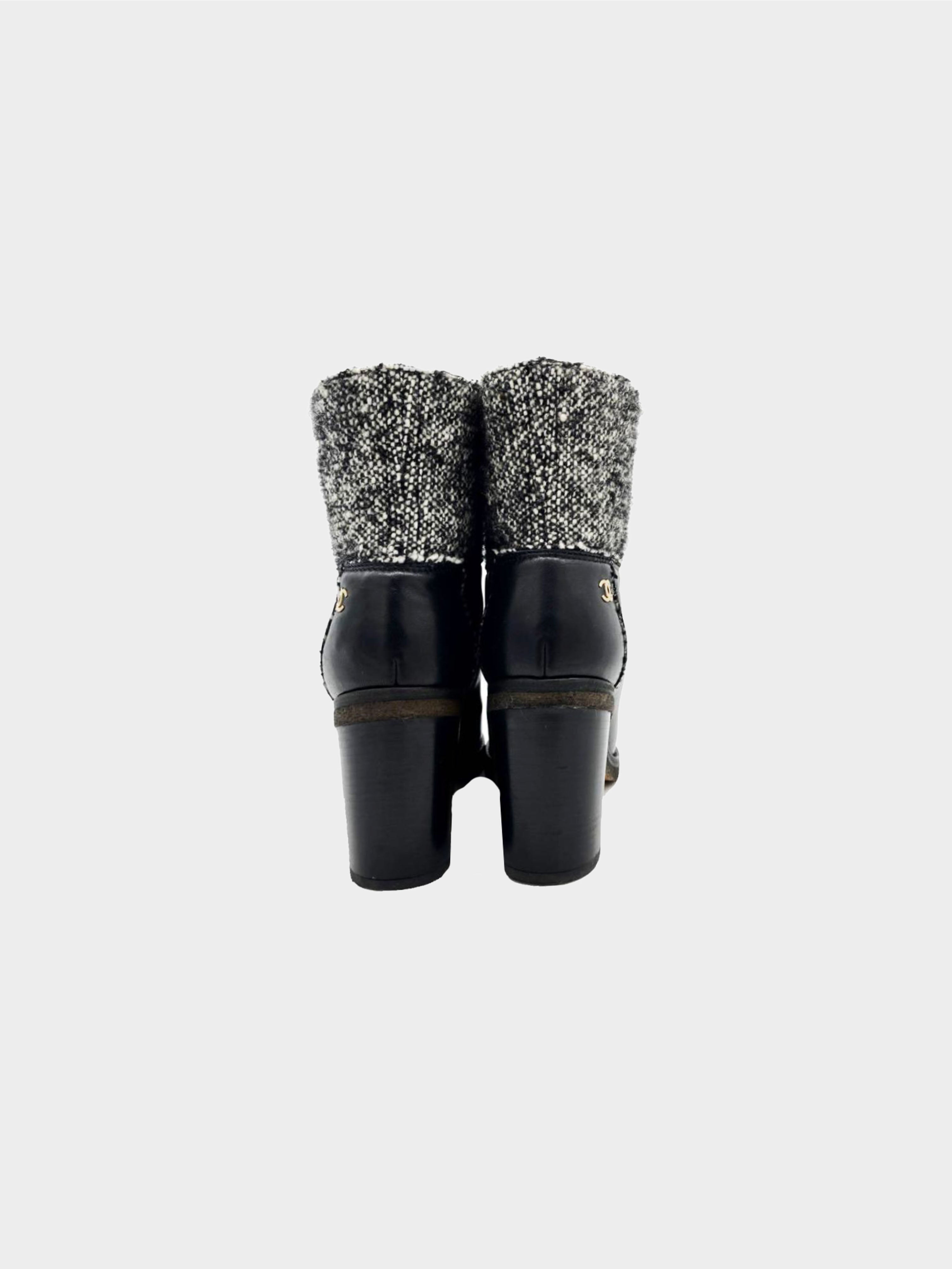 Chanel 2016 Black Leather and Tweed Short Boots