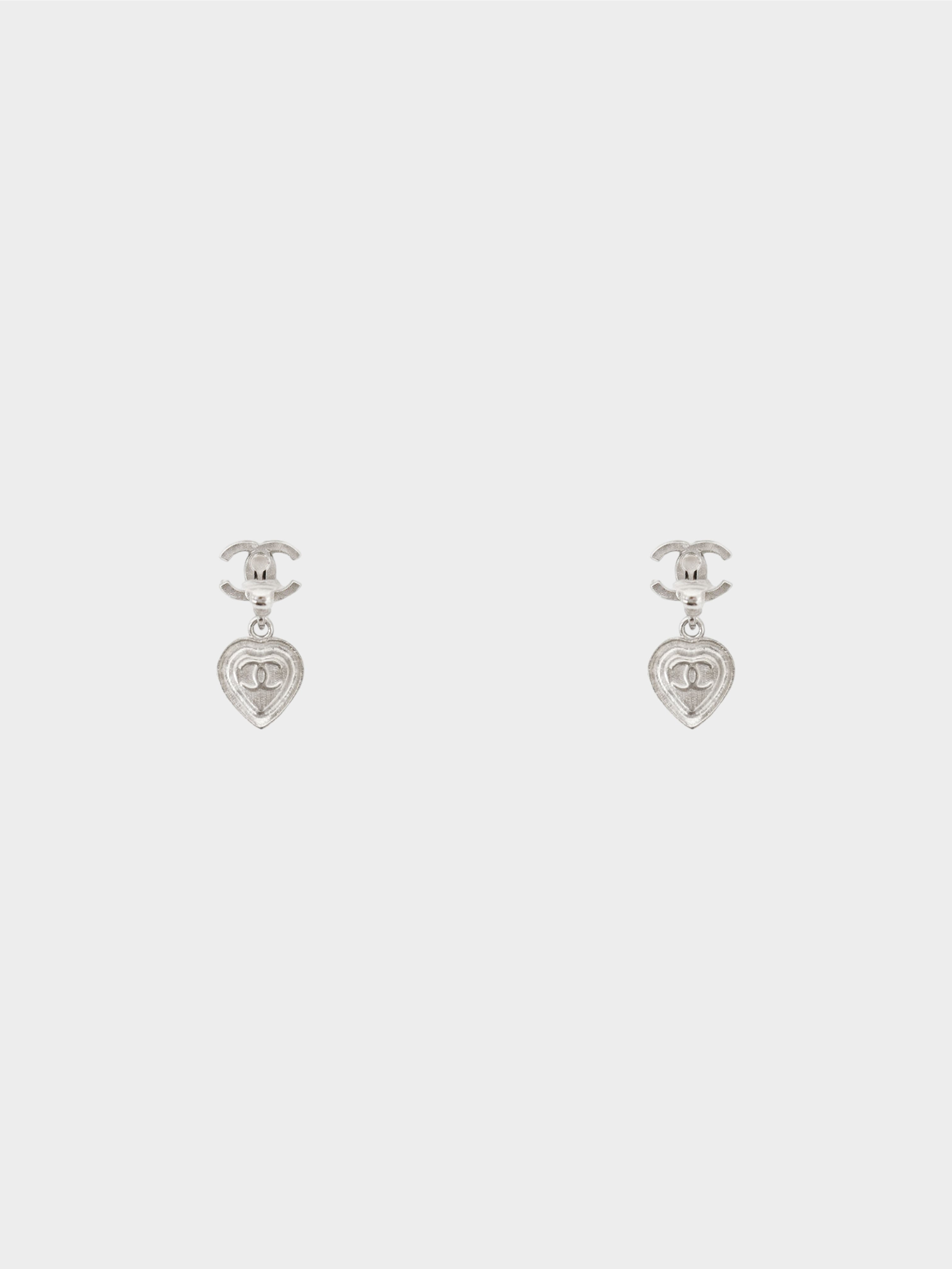 Chanel 2000s Silver CC Crystal Heart Drop Earrings