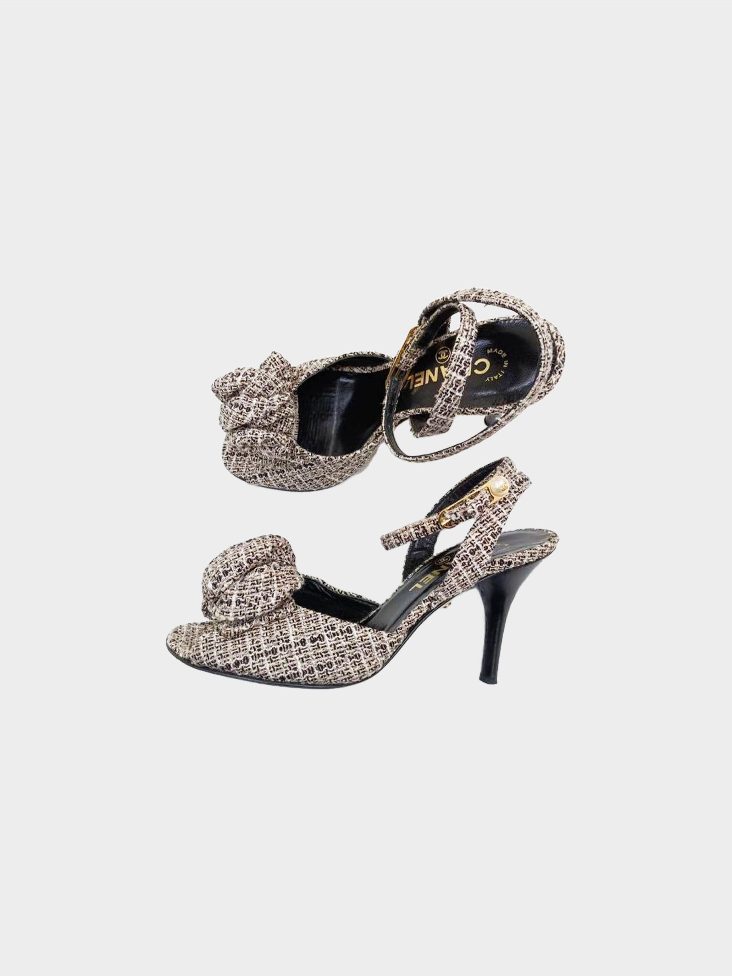 Chanel Spring 2003 Tweed Bow Ankle Strap Heeled Sandals