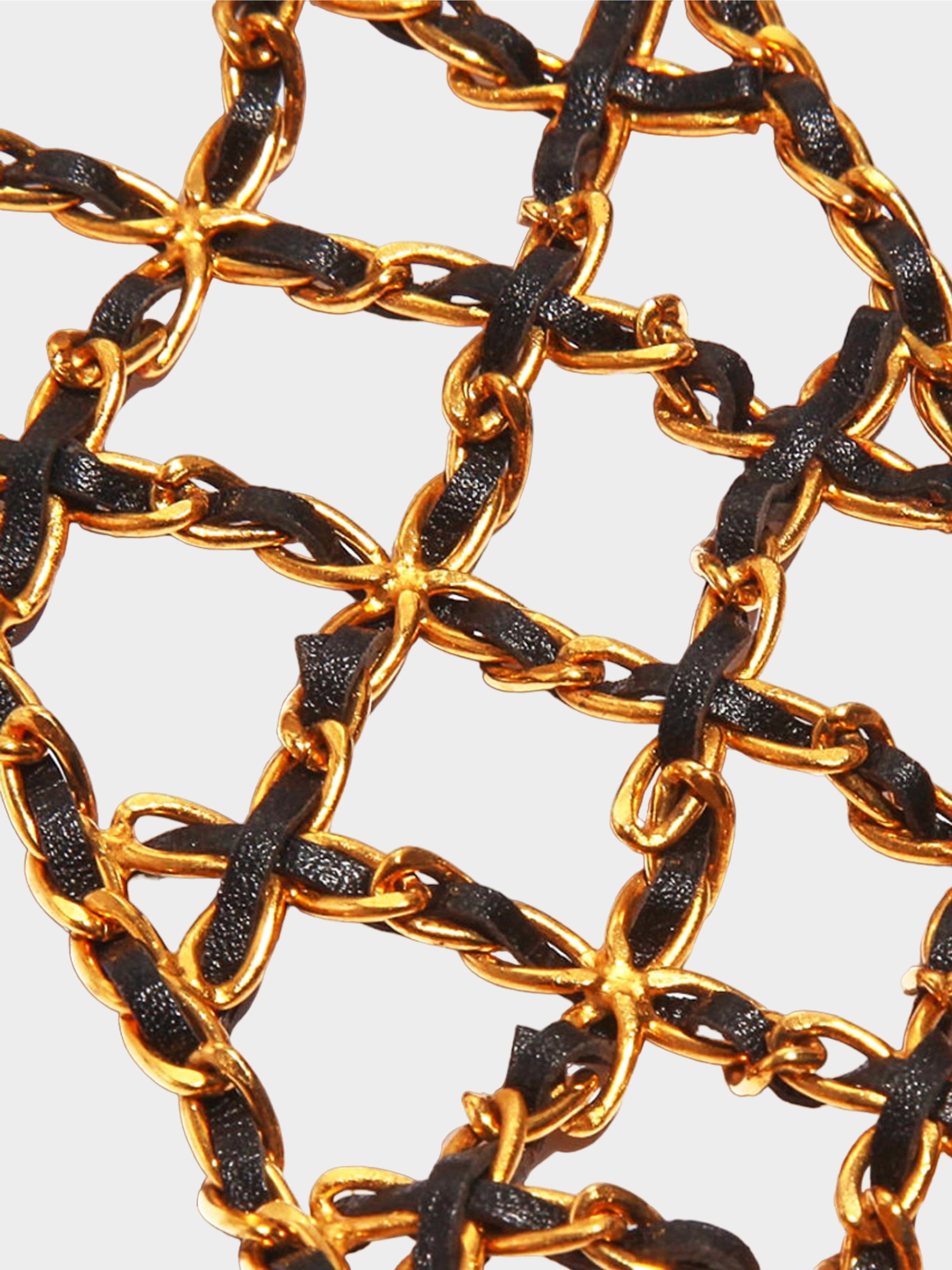 Chanel SS 1995 Rare Leather-Woven Gilt Chain Cuff Bracelets