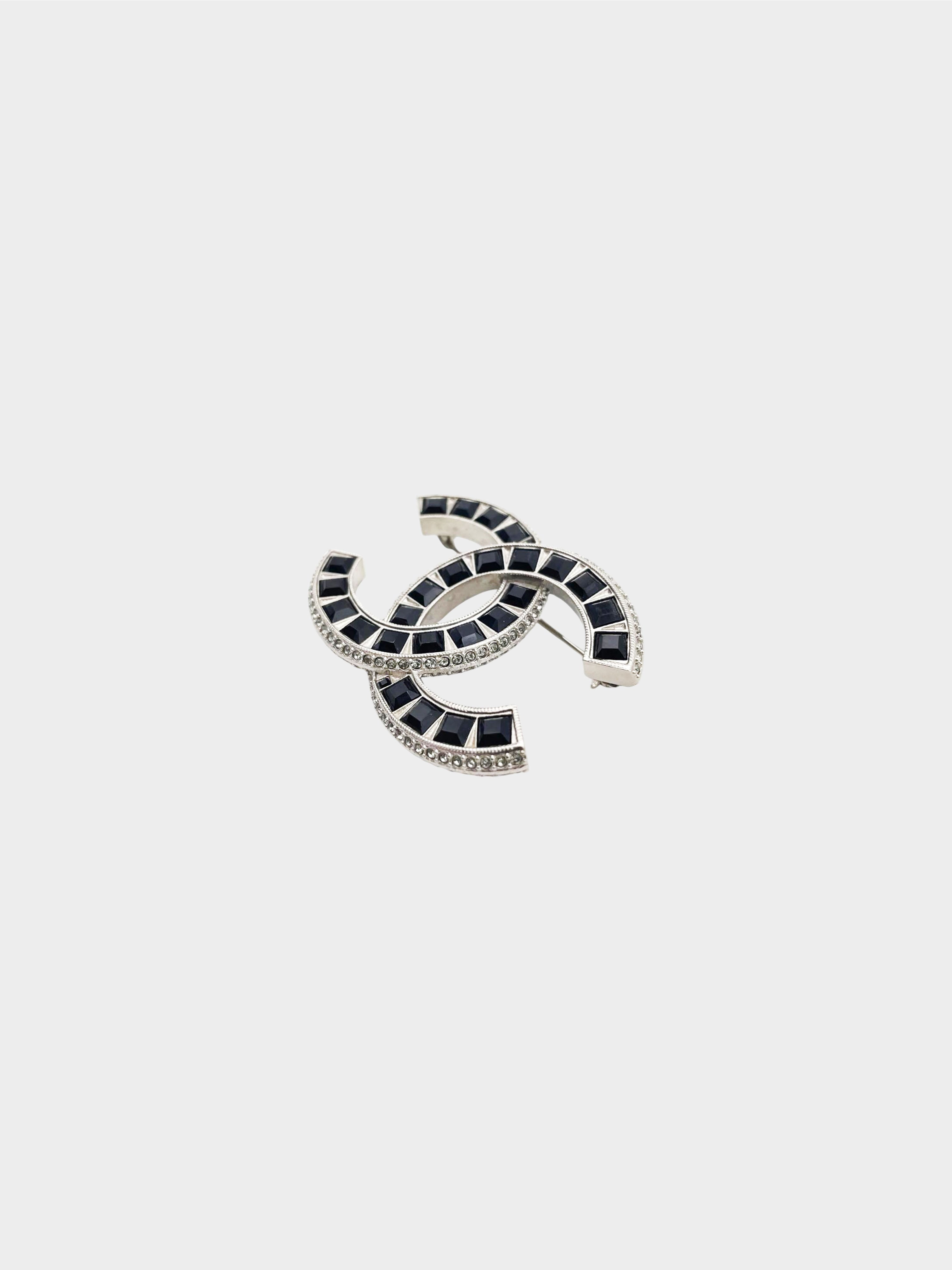 Chanel 2015 Silver and Black Rhinestone CC Brooch