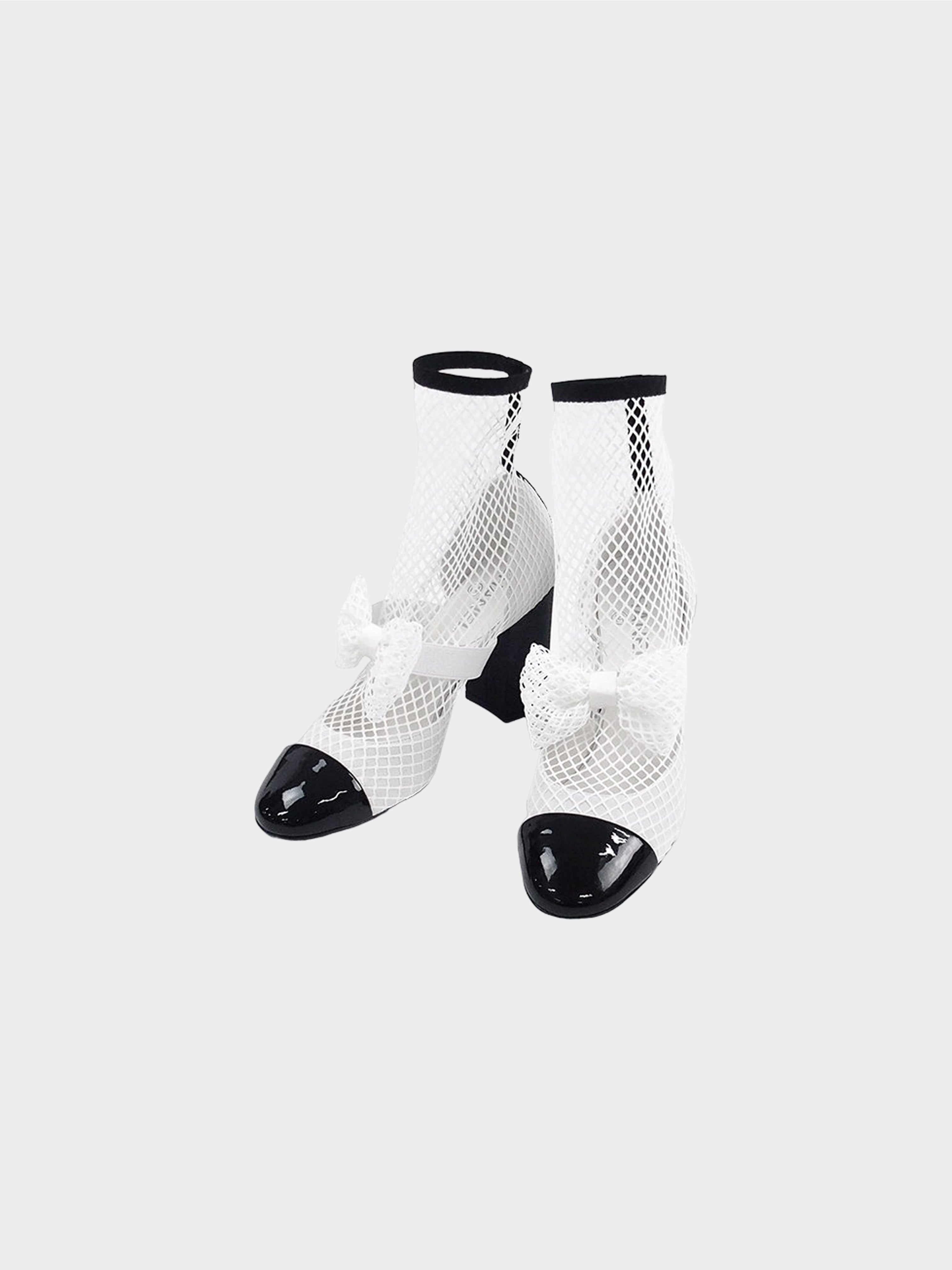 Chanel Spring 2023 Color Block Fishnet Mary Jane Ankle Boots with Bow
