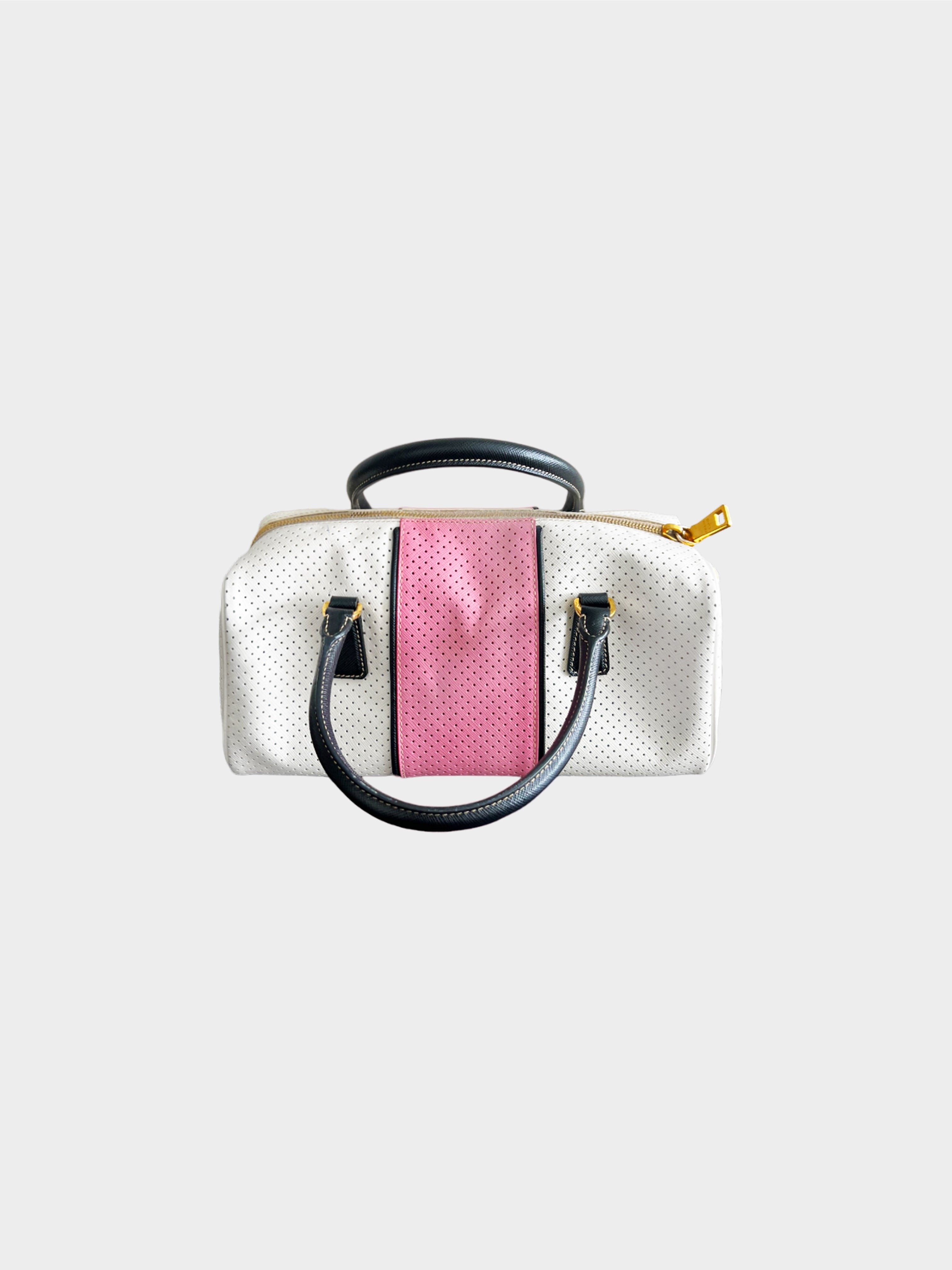Prada 2010s White Saffiano Perforated Striped Shoulder Bag