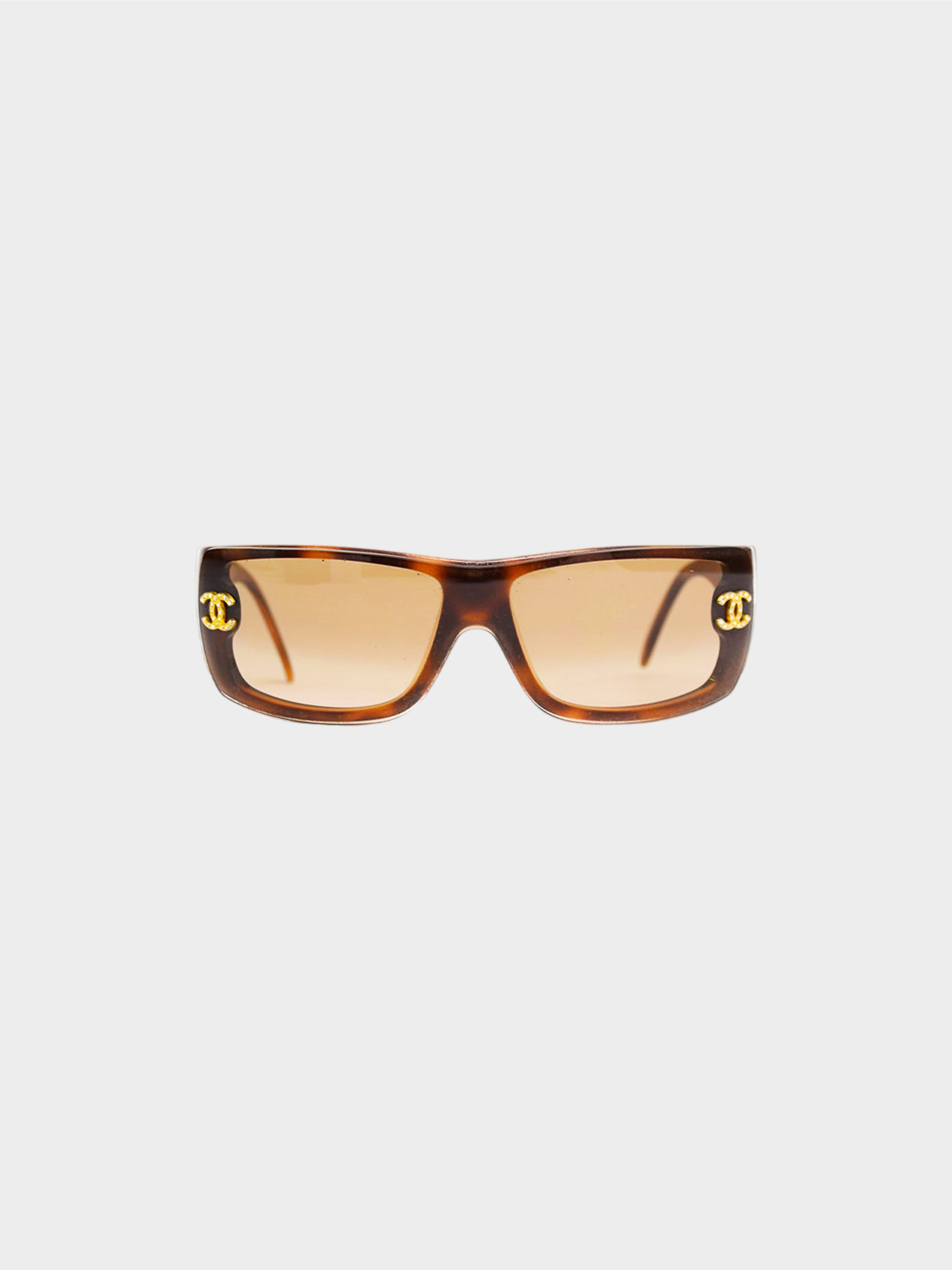 Chanel 2000s Brown Tortoise Sunglasses with Rhinestones Logo