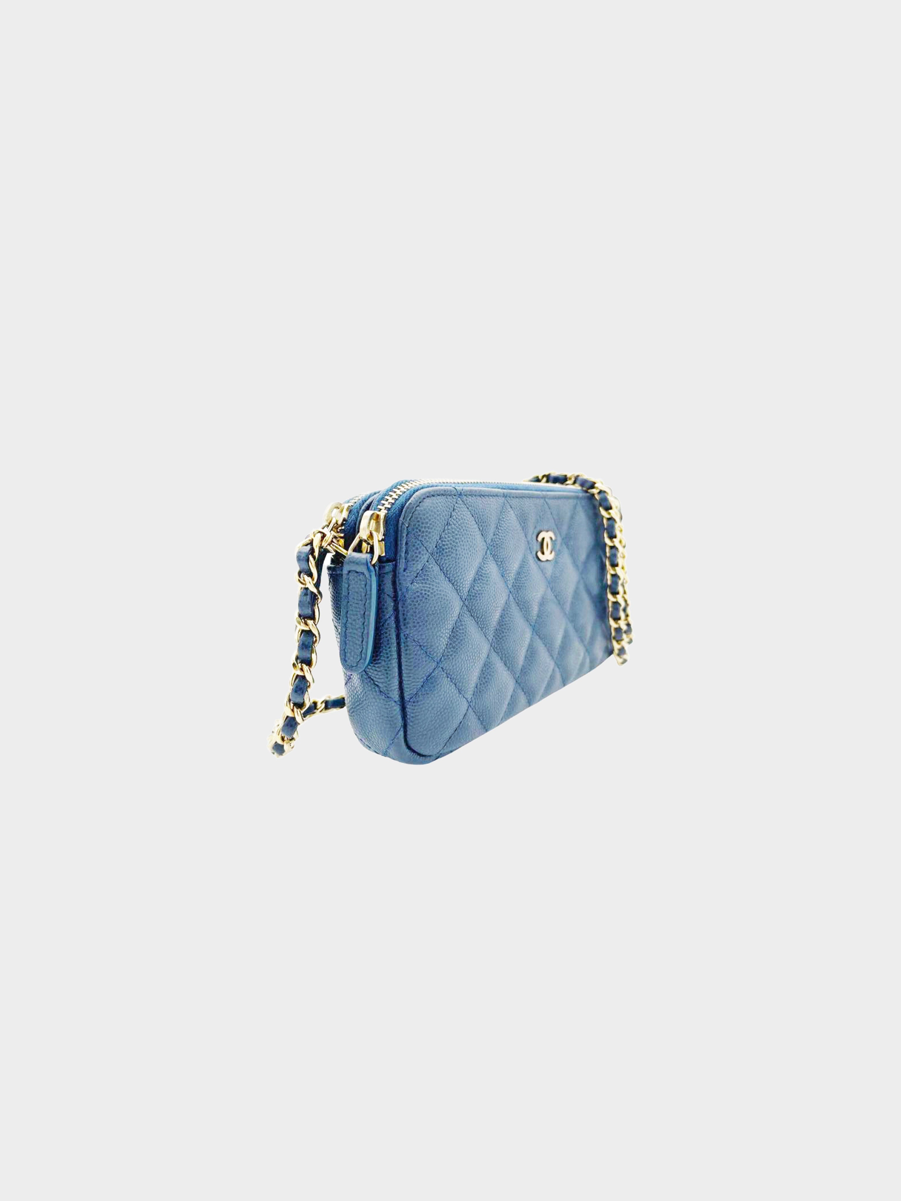 Chanel 2016 Blue Caviar Double Zip Wallet on a Chain