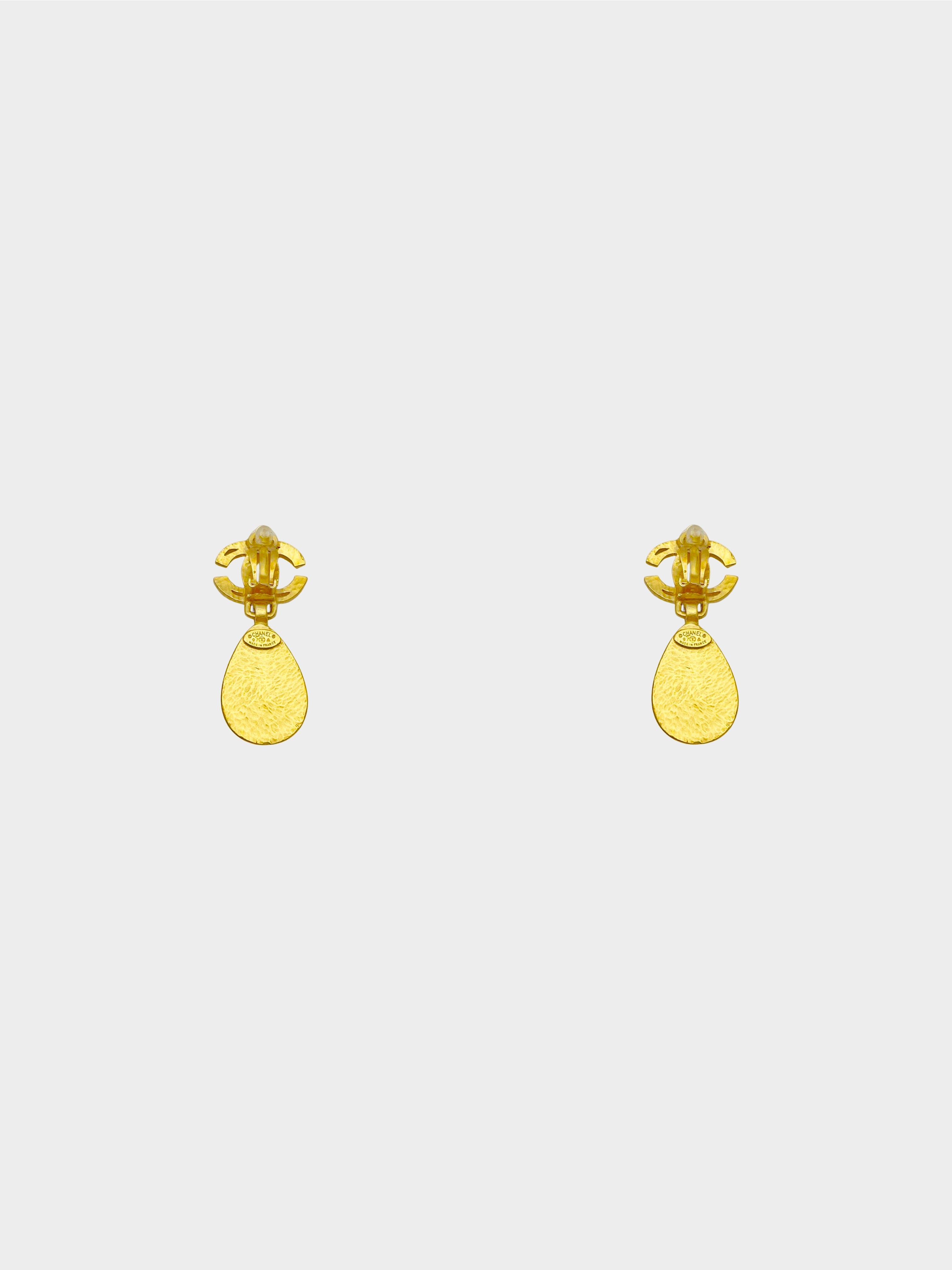 Chanel Fall 1997 Gold CC Stone Teardrop Clip-On Earrings