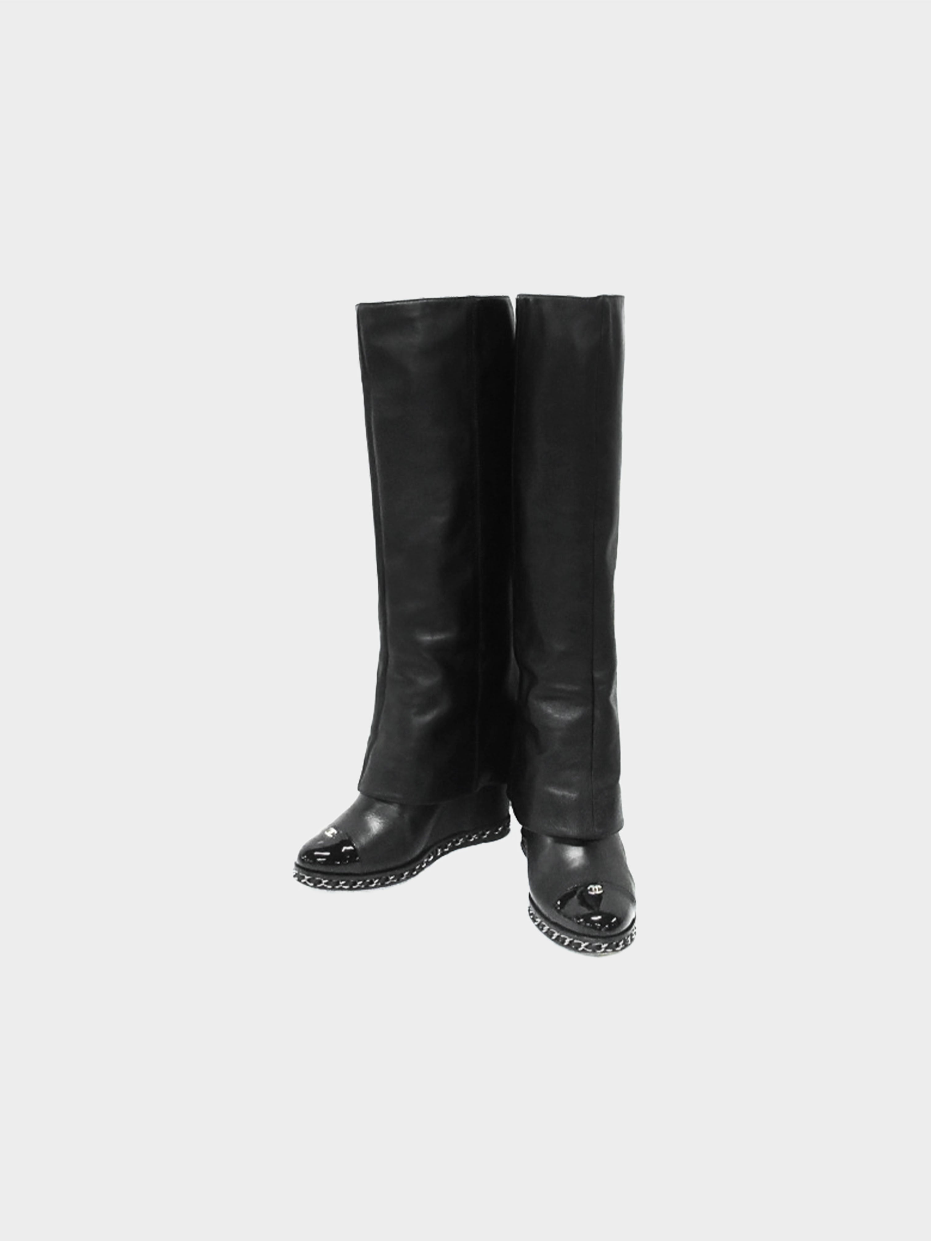 Chanel 2010s Black Leather Fold-over Wedged Long Boots