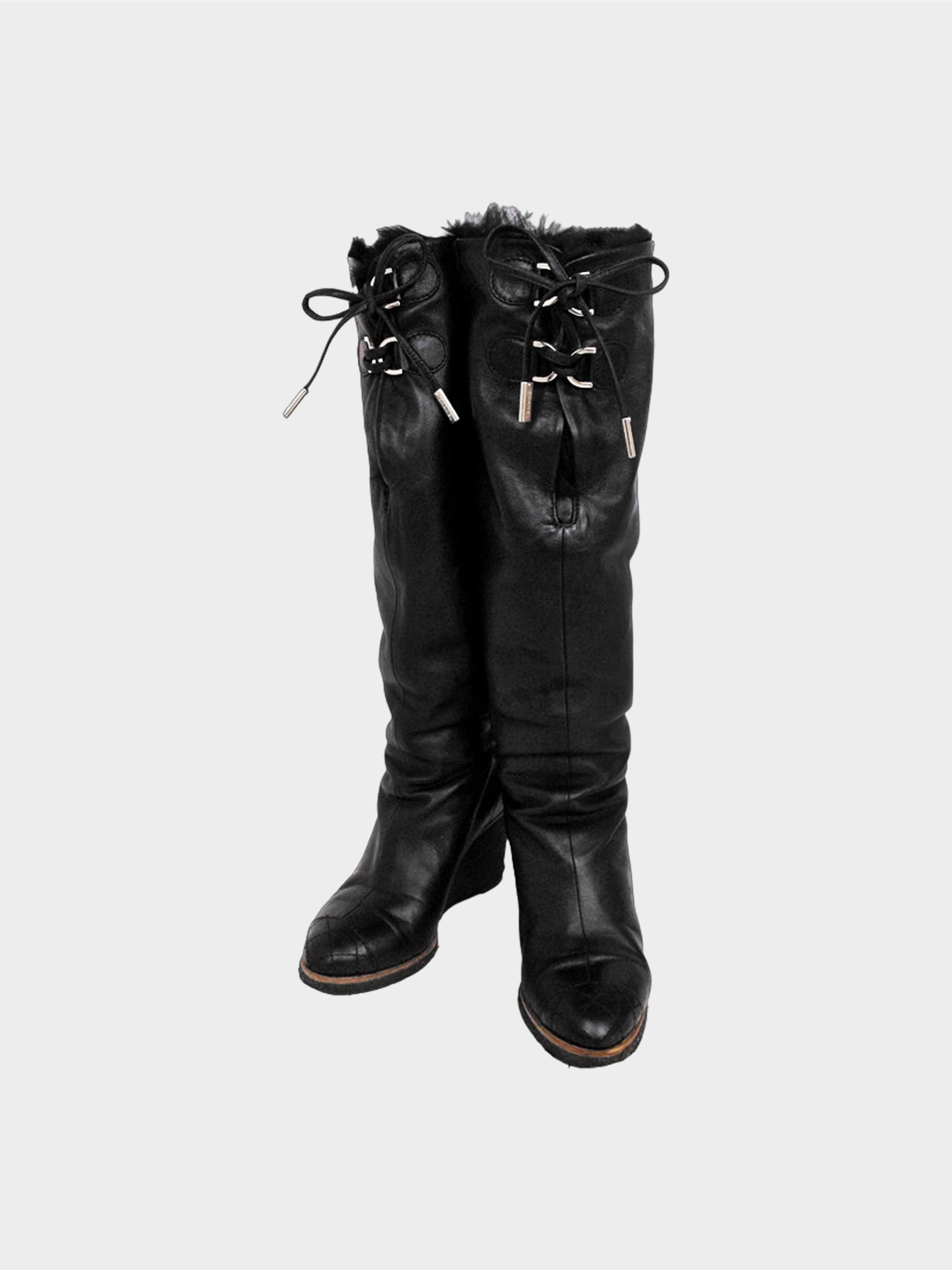 Chanel 2010s Black Leather Fur-lined Wedged Long Boots