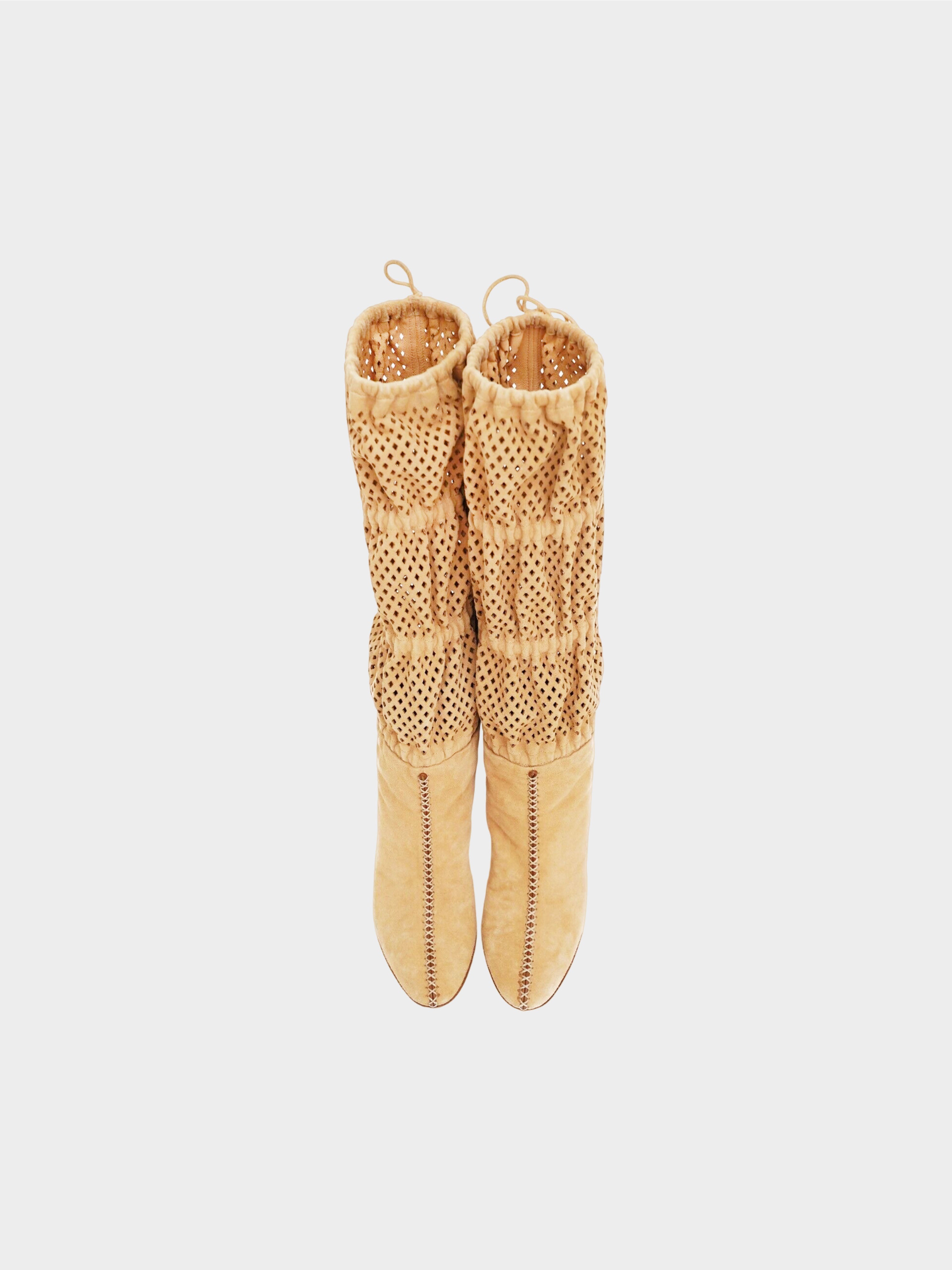 Roberto Cavalli 2000s Beige Perforated Knee Length Suede Boots