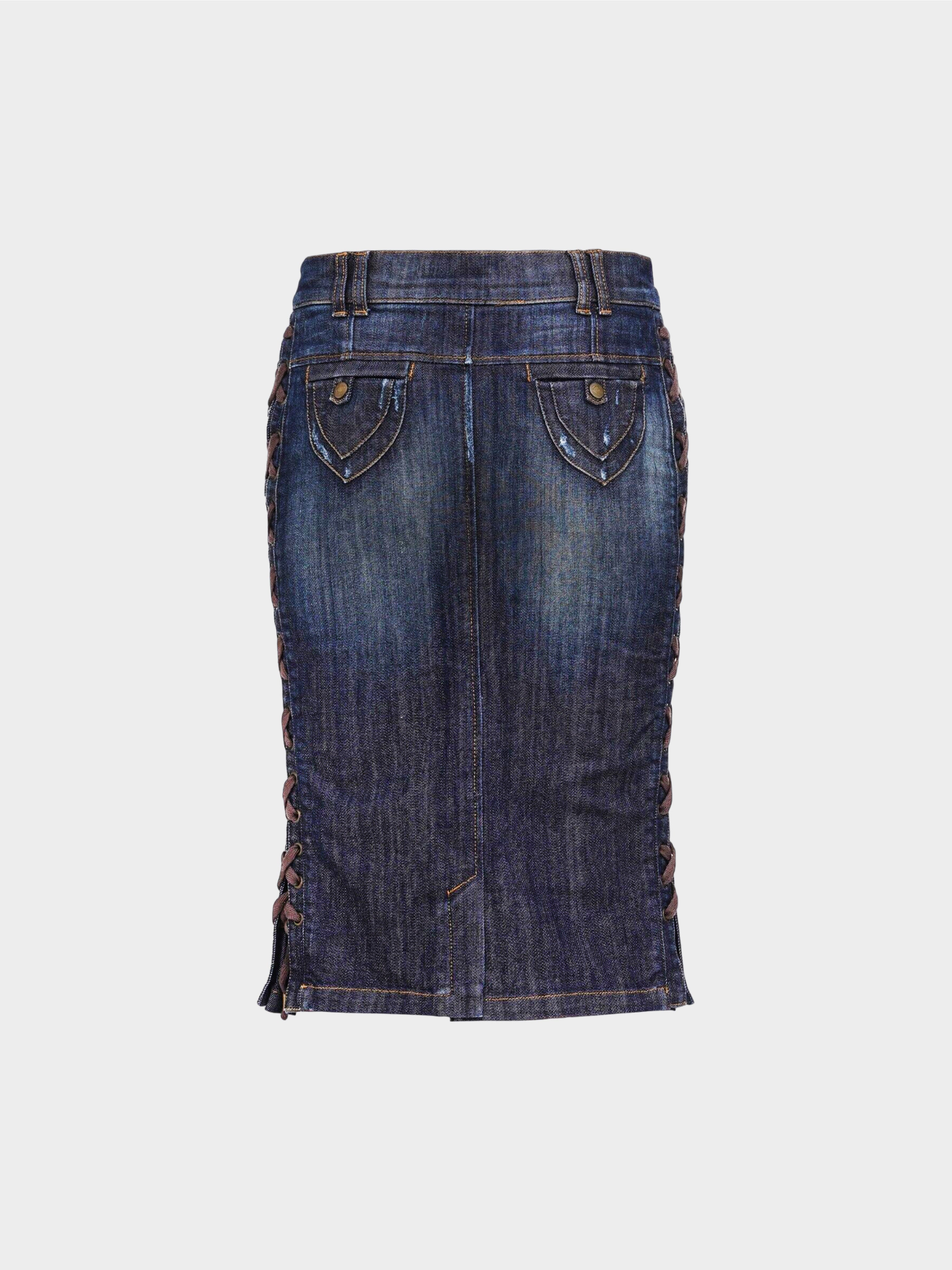 Just Cavalli 2000s Lace Up Denim Blue Midi Skirt