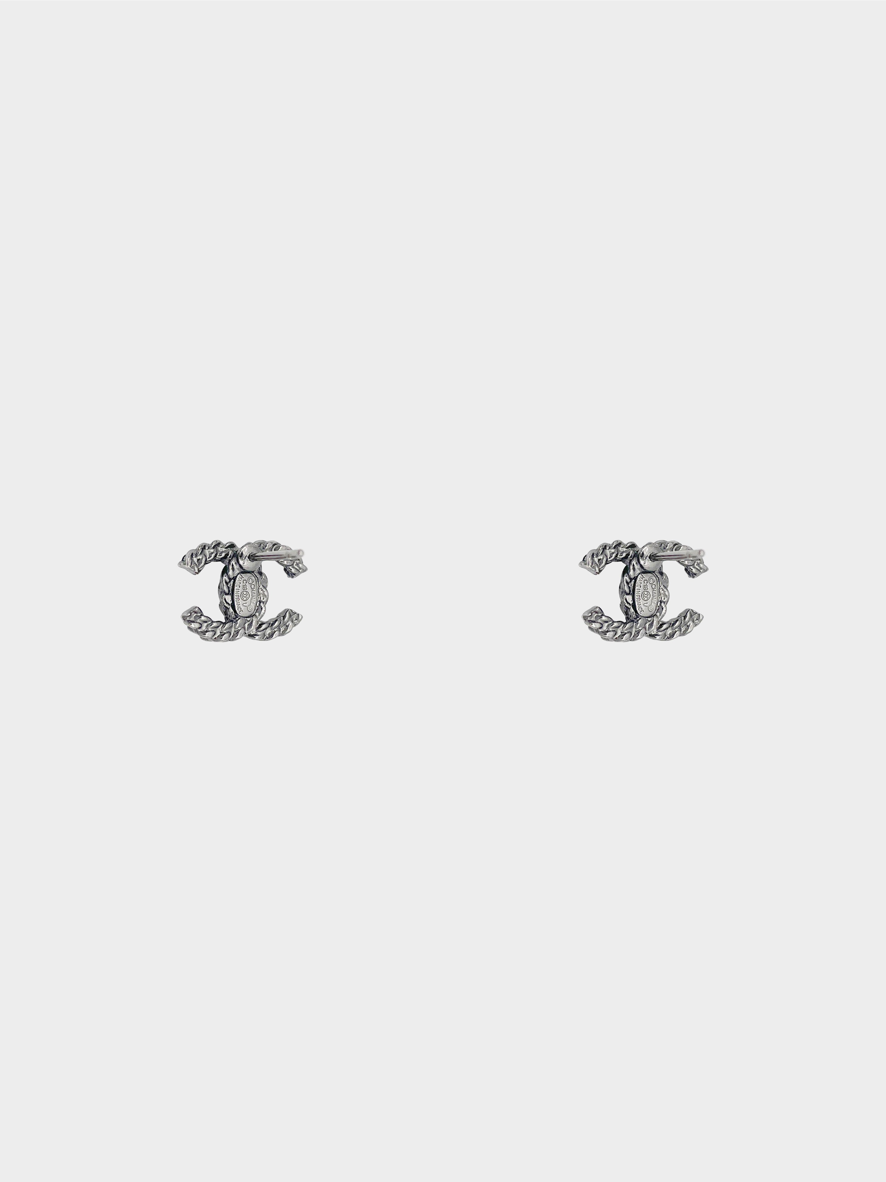 Chanel 2018 Gunmetal Silver and Bronze Rhinestone CC Stud Earrings