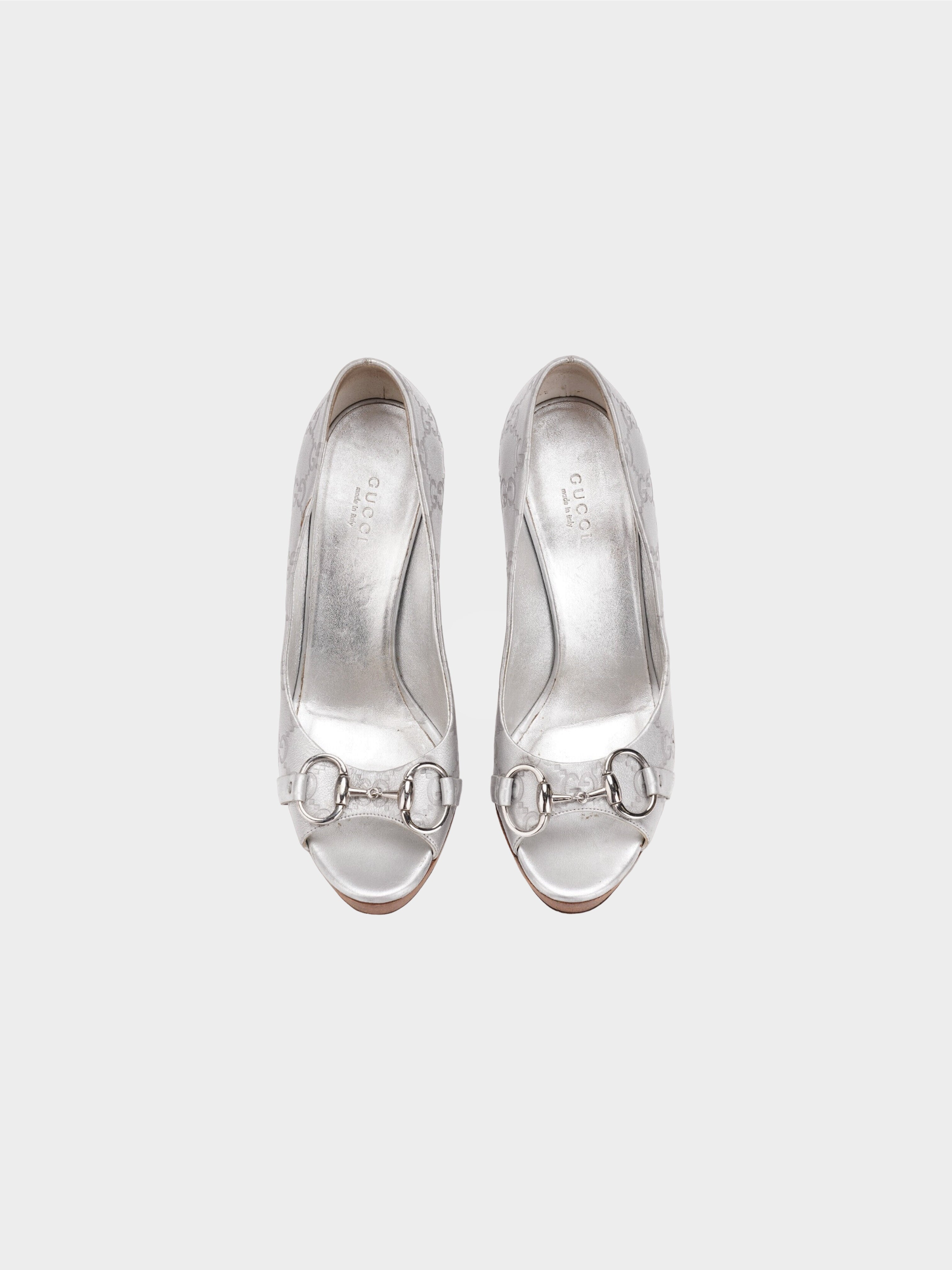 Gucci 2000s Silver Monogram Horsebit Peep Toe Pumps