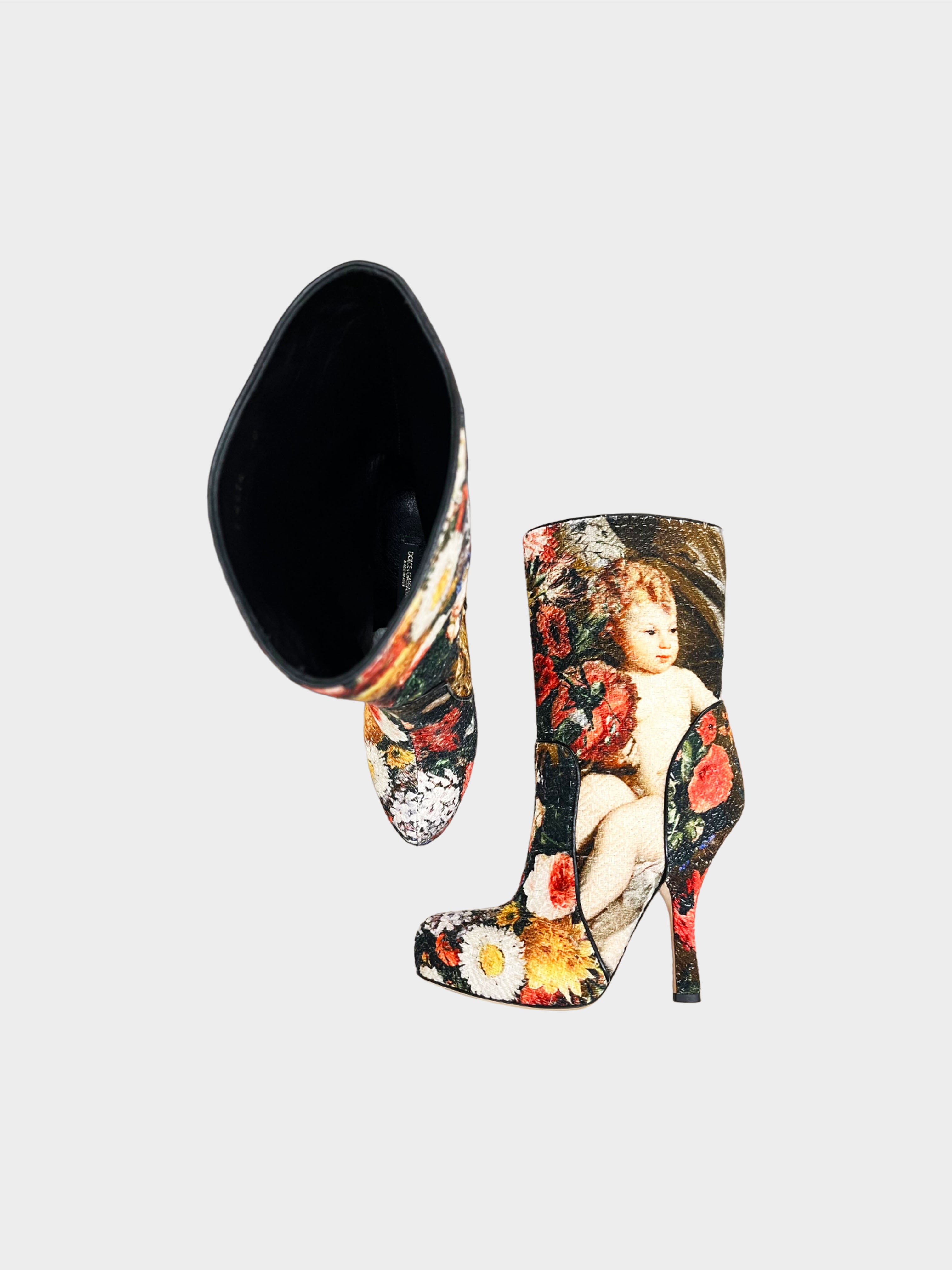 Dolce and Gabbana FW 2012-2013 Silk Screen Cherub Print Ankle Boots