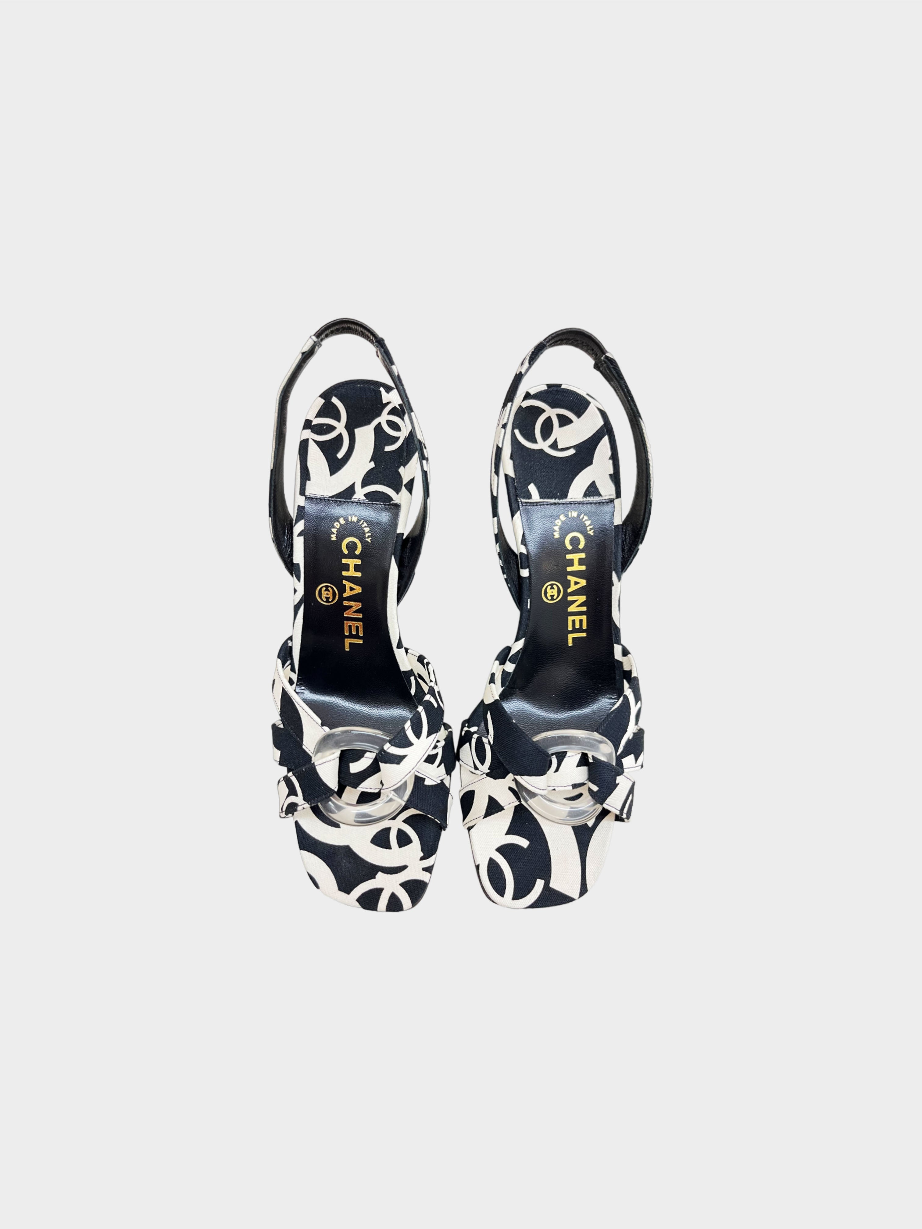 Chanel 2010s Logo Printed Canvas Cross Strap Slingbacks