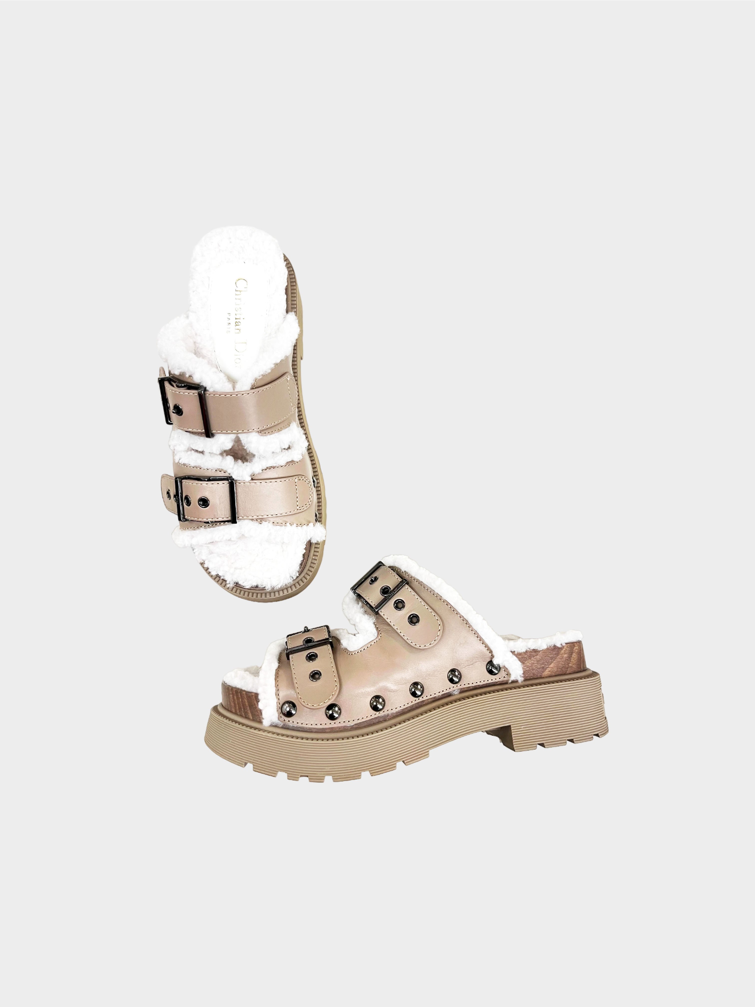 Christian Dior FW 2022 Beige Diorquake Shearling Lined Leather Sandals