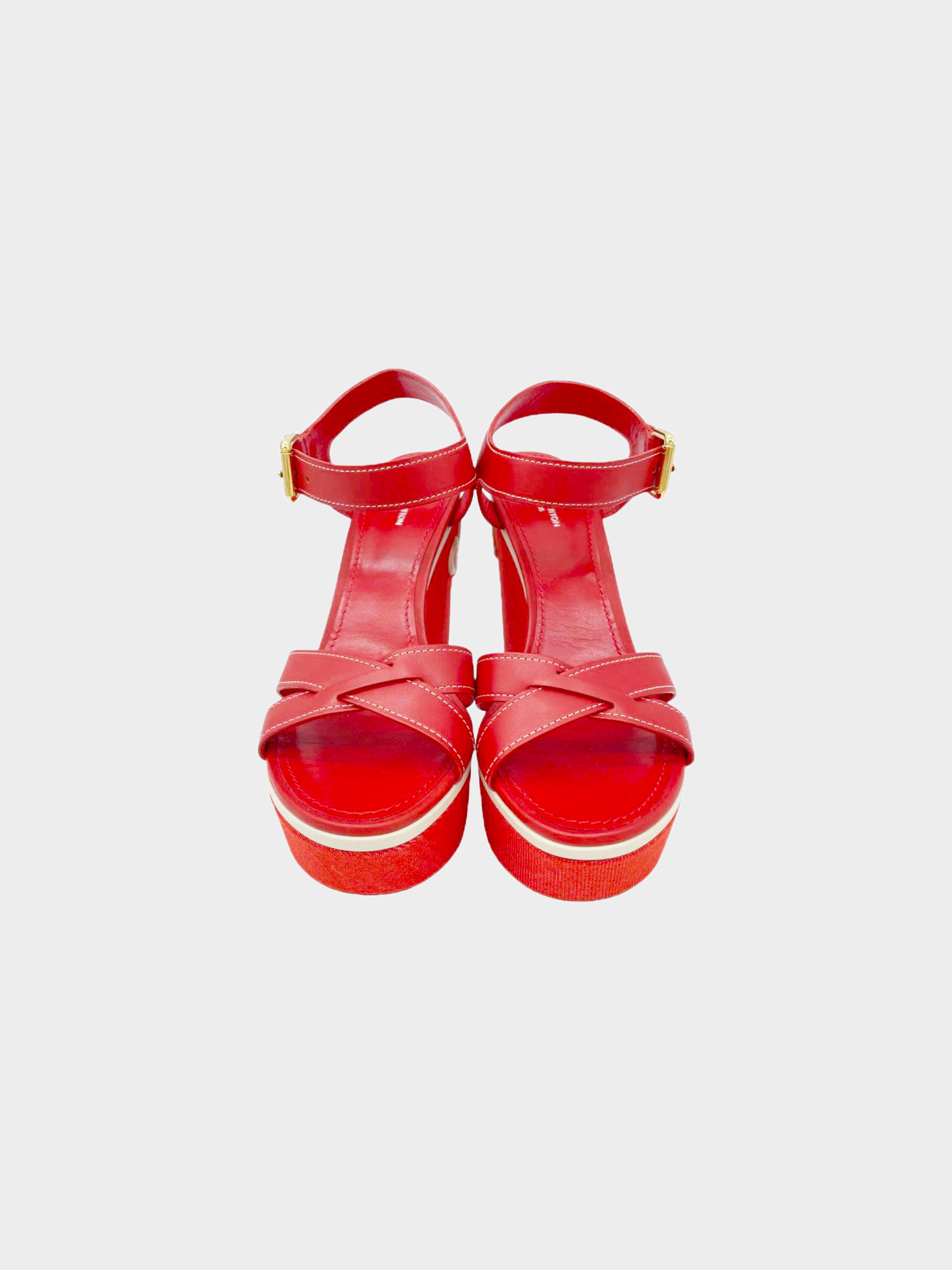 Louis Vuitton 2016 Red Waterfall Wedge Sandals · INTO