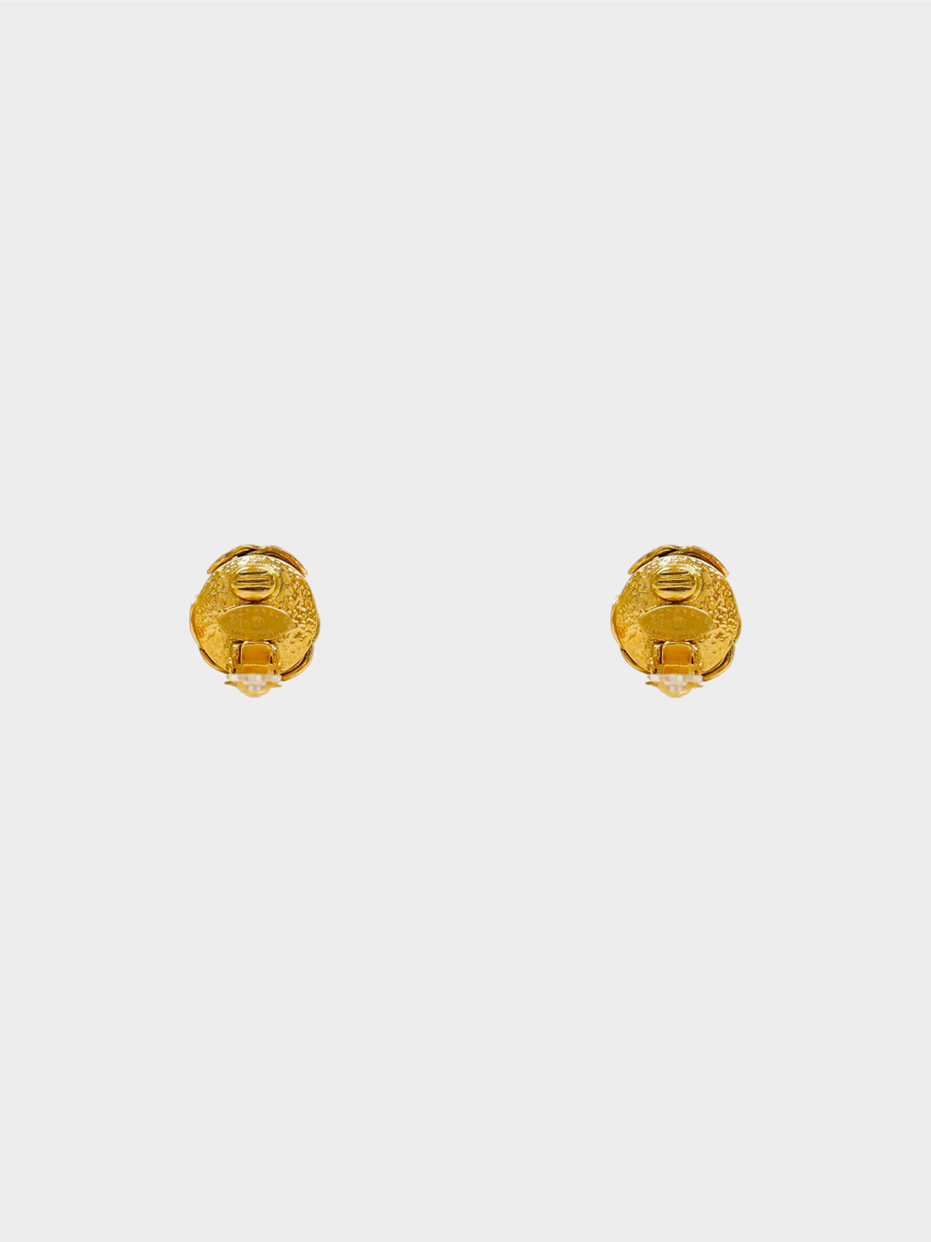 Chanel 1994 Gold Triple CC Faux Pearl Clip-On Earrings
