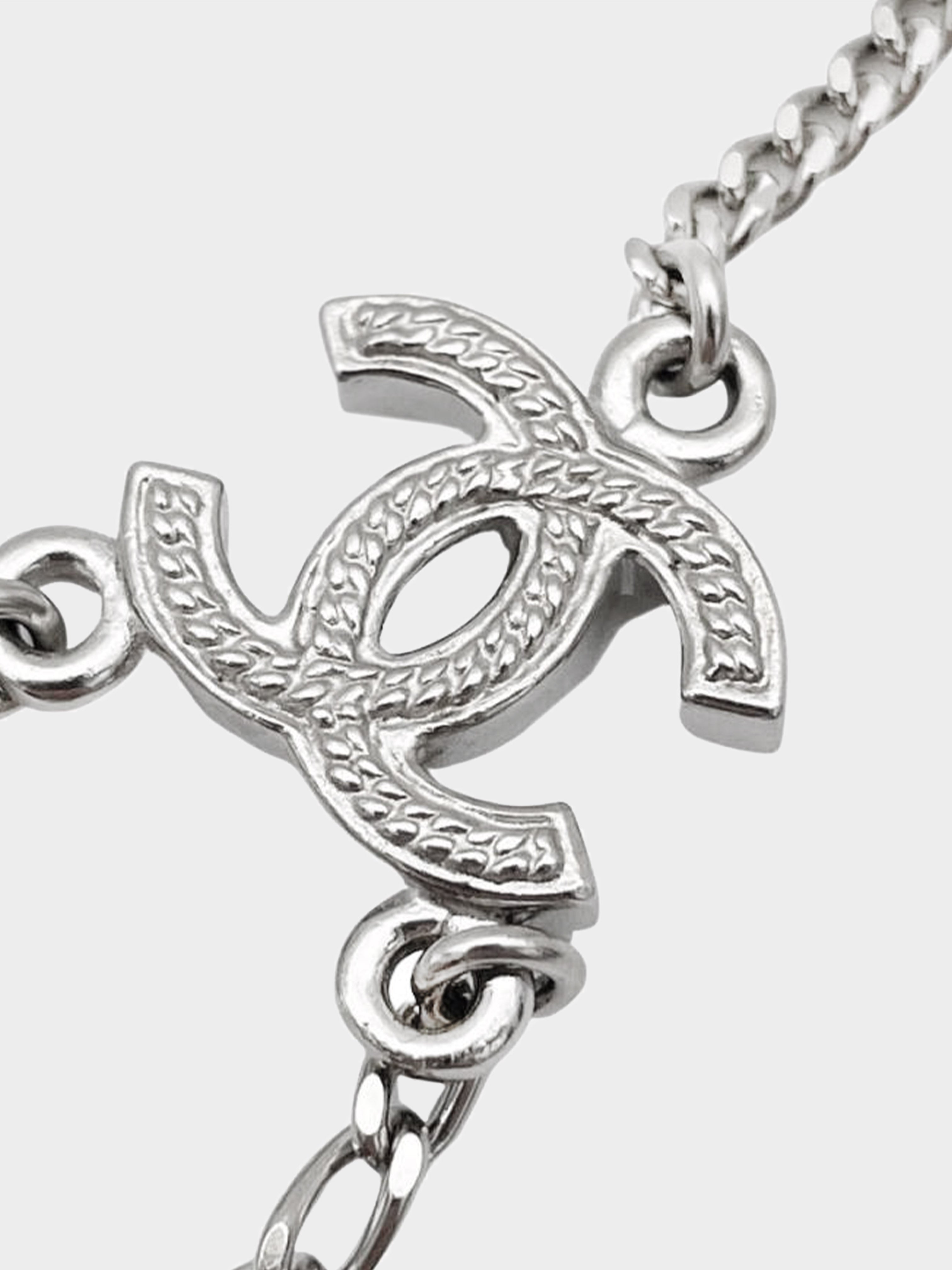 Pre-owned Chanel Silver Crystal Encrusted CC Pendant Necklace ($895) ❤  liked on Polyvor…