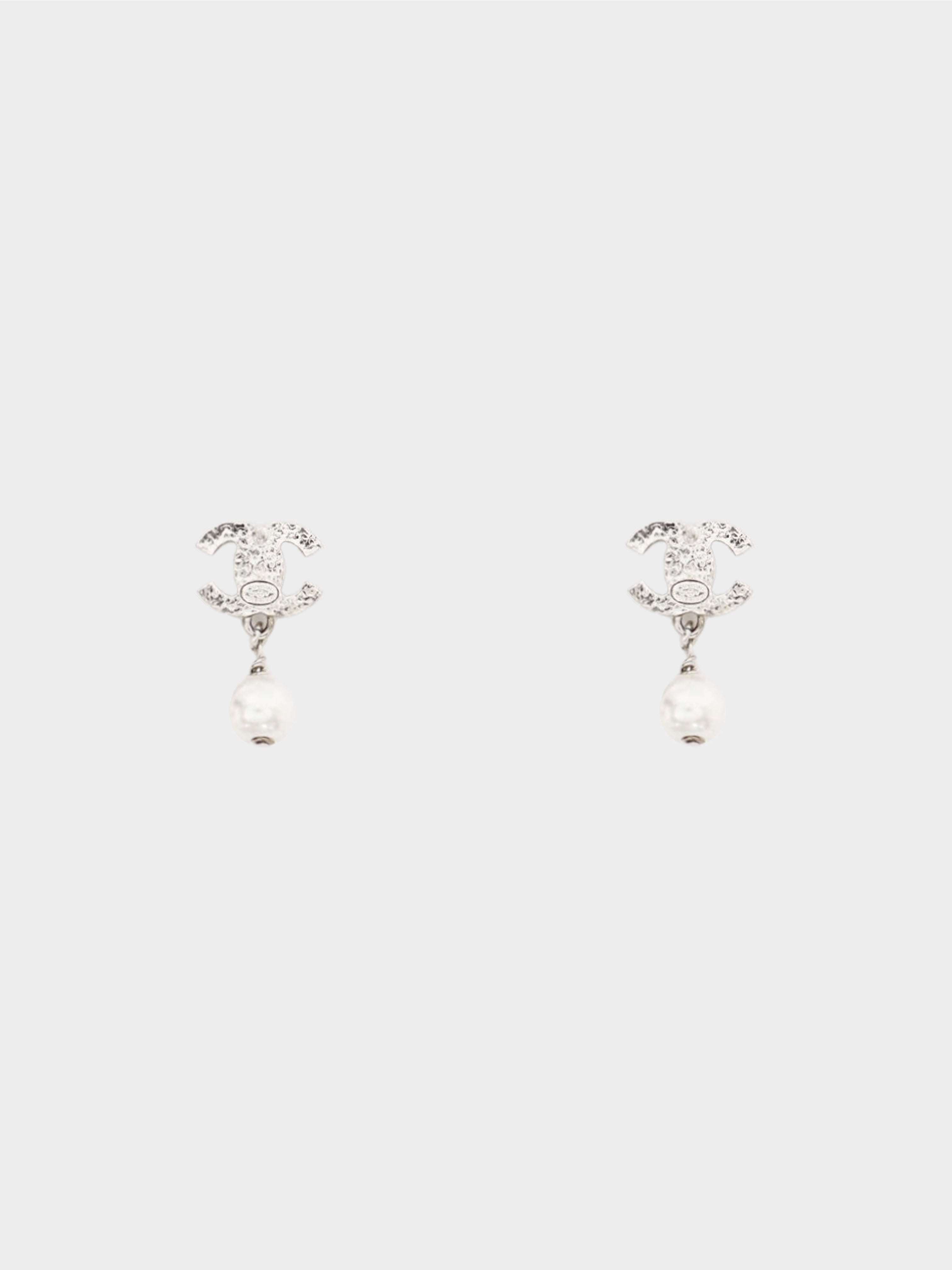 Chanel 2000s Silver CC Faux Pearl Clip-On Drop Earrings · INTO