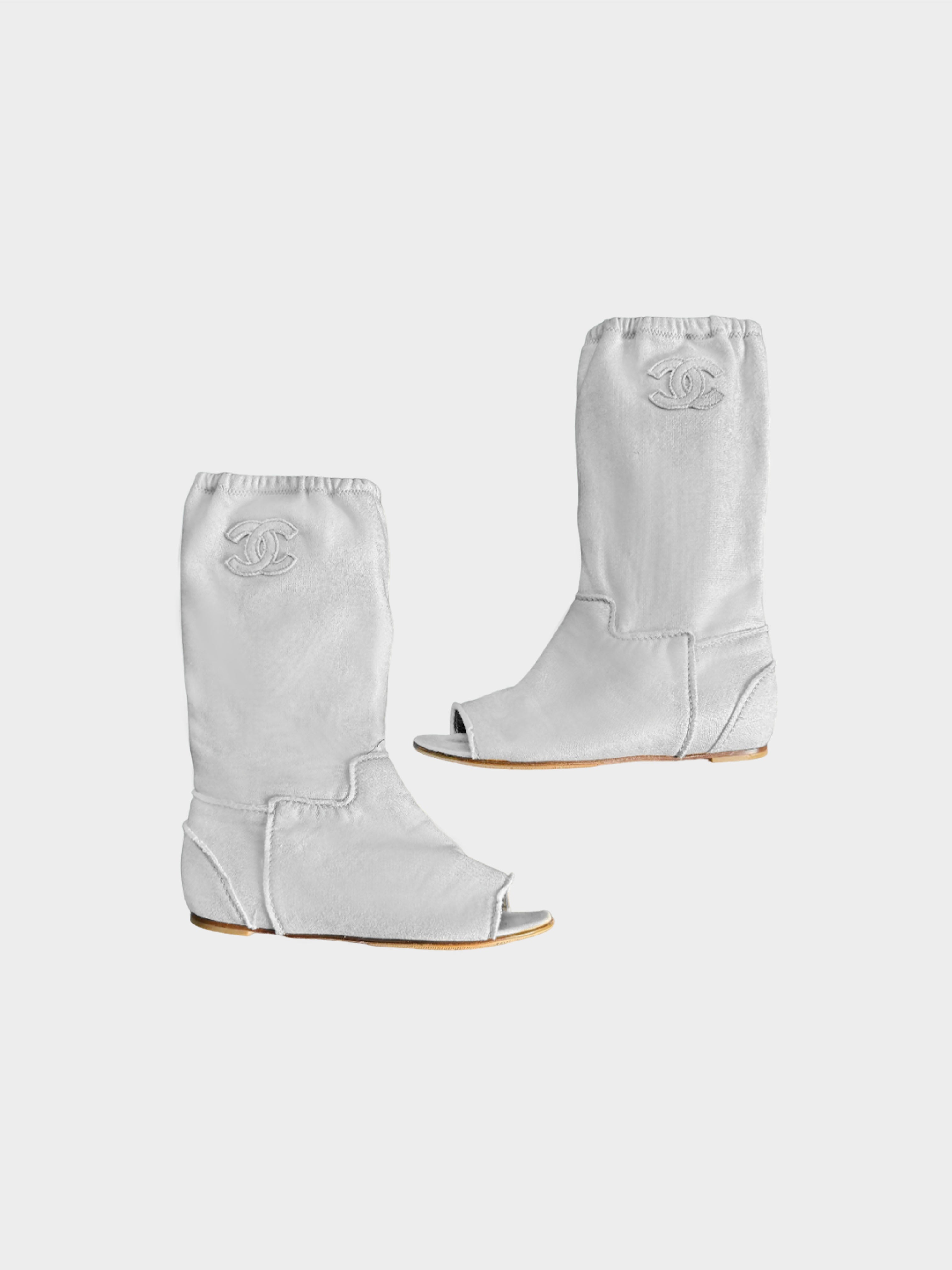 Chanel 2008 White Cotton Open-toe Boots