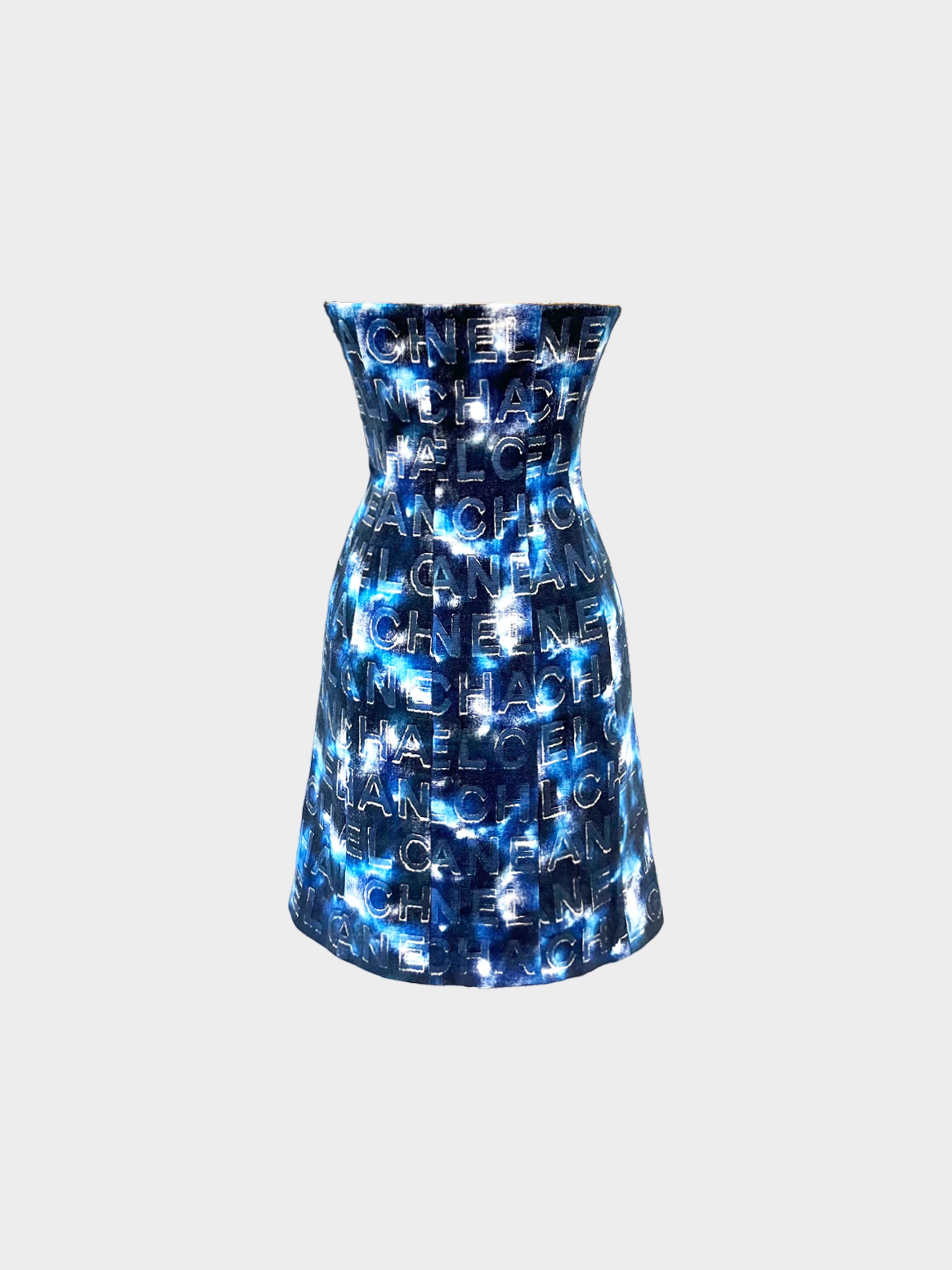 Chanel Resort 2021 Blue Velvet Logo Strapless Dress
