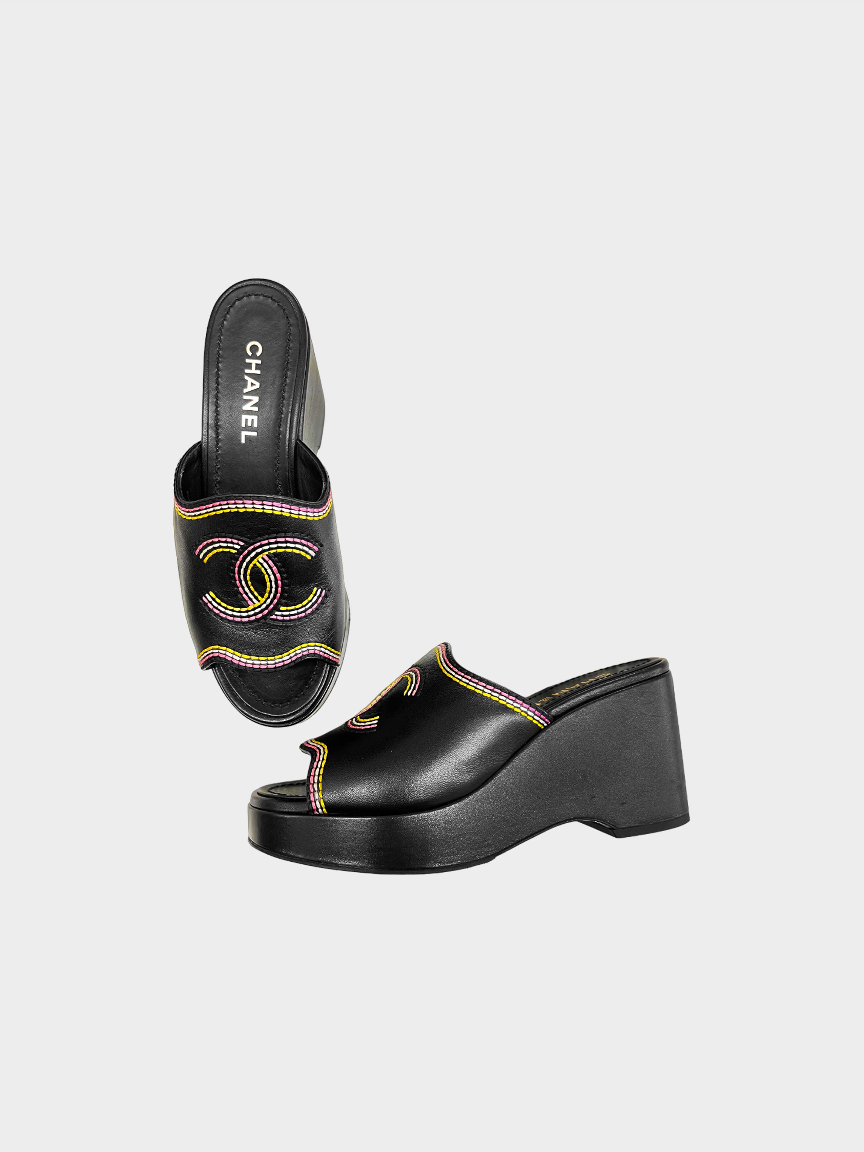 Chanel 2021 Multicolor Stitched CC Wedge Mules