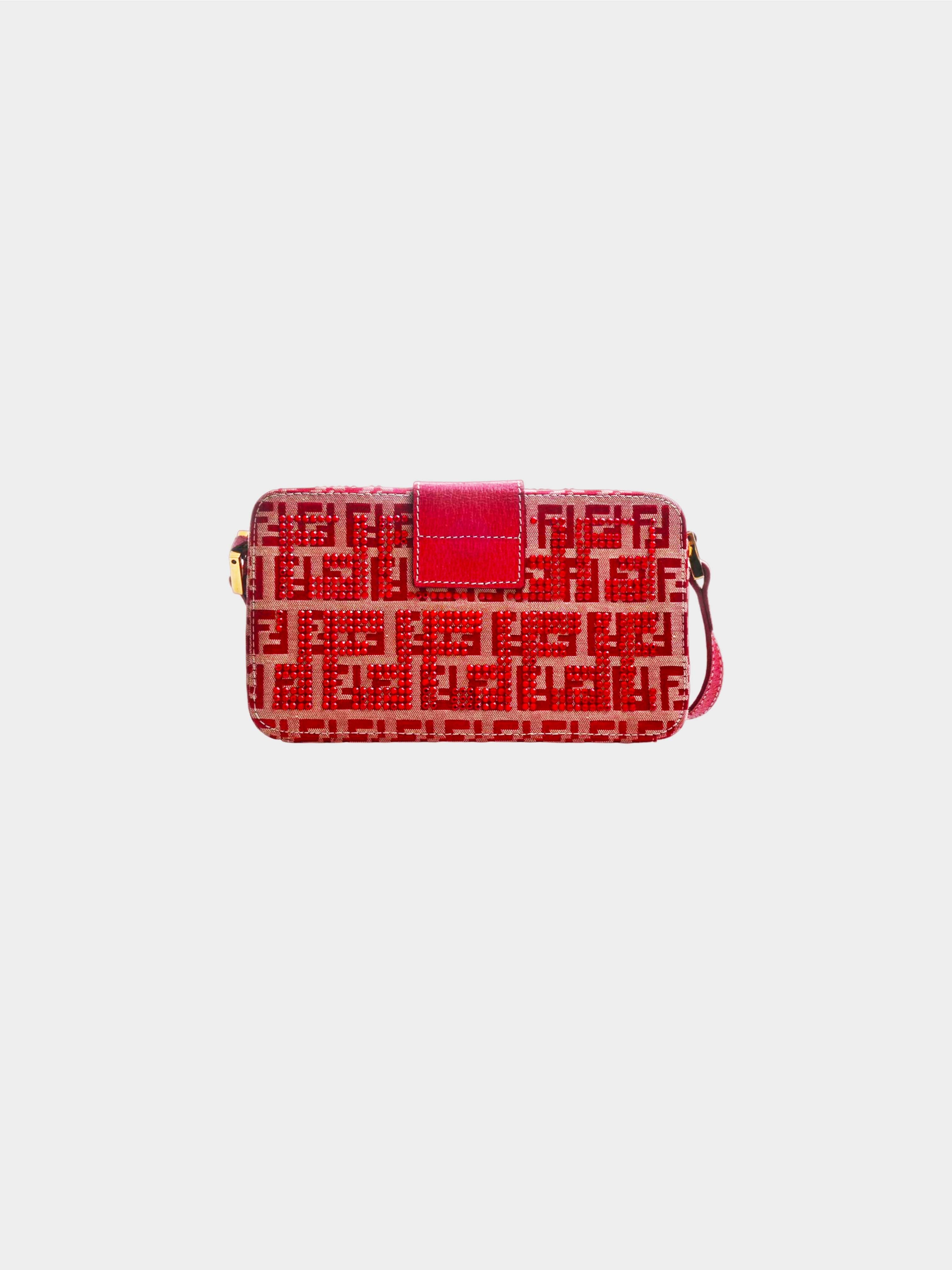 Fendi 2000s Red Zucchino Canvas Rhinestone Shoulder Bag