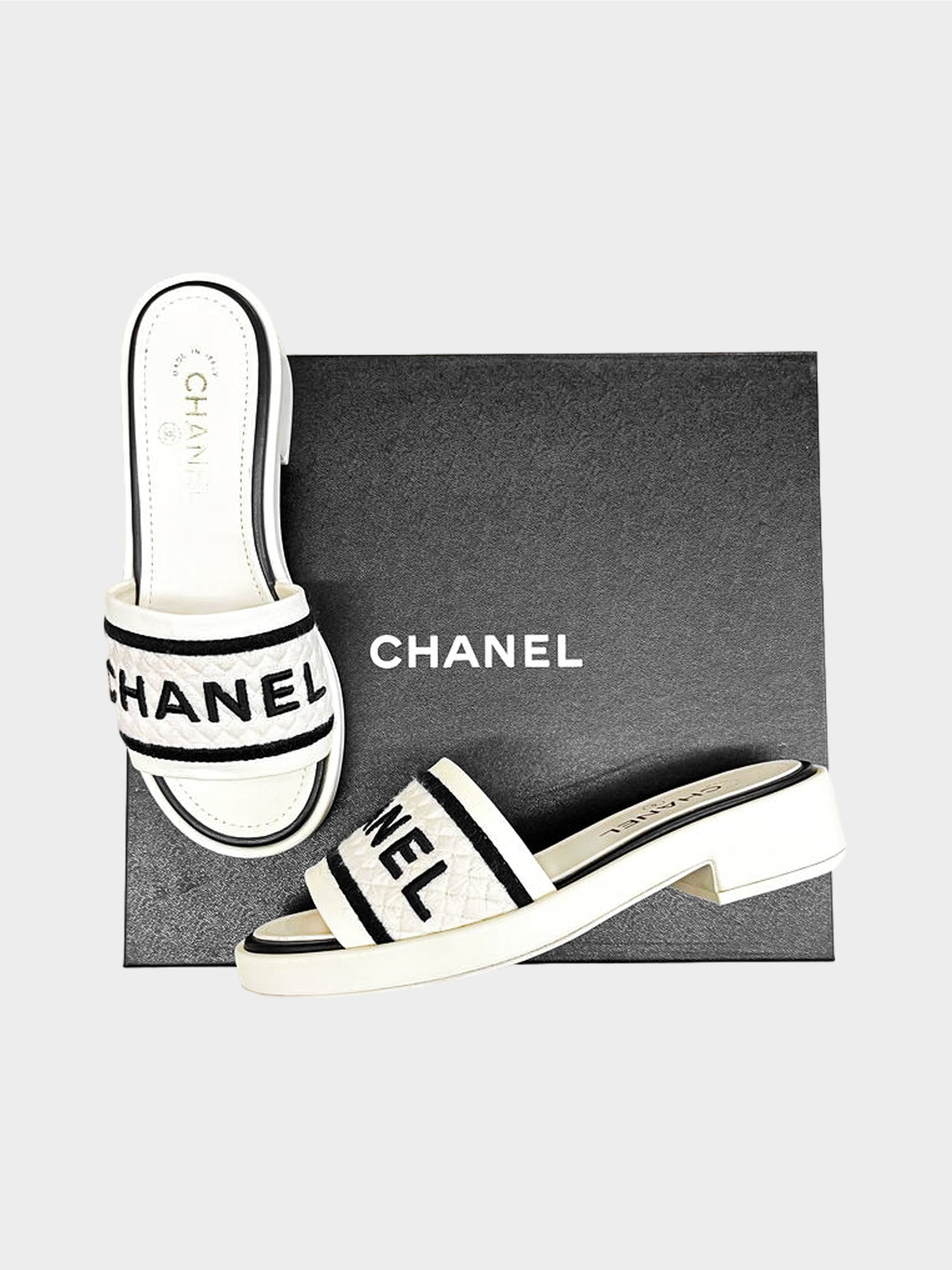 Chanel 2020s Ivory and Black Embroidered Logo Lambskin Leather Mules