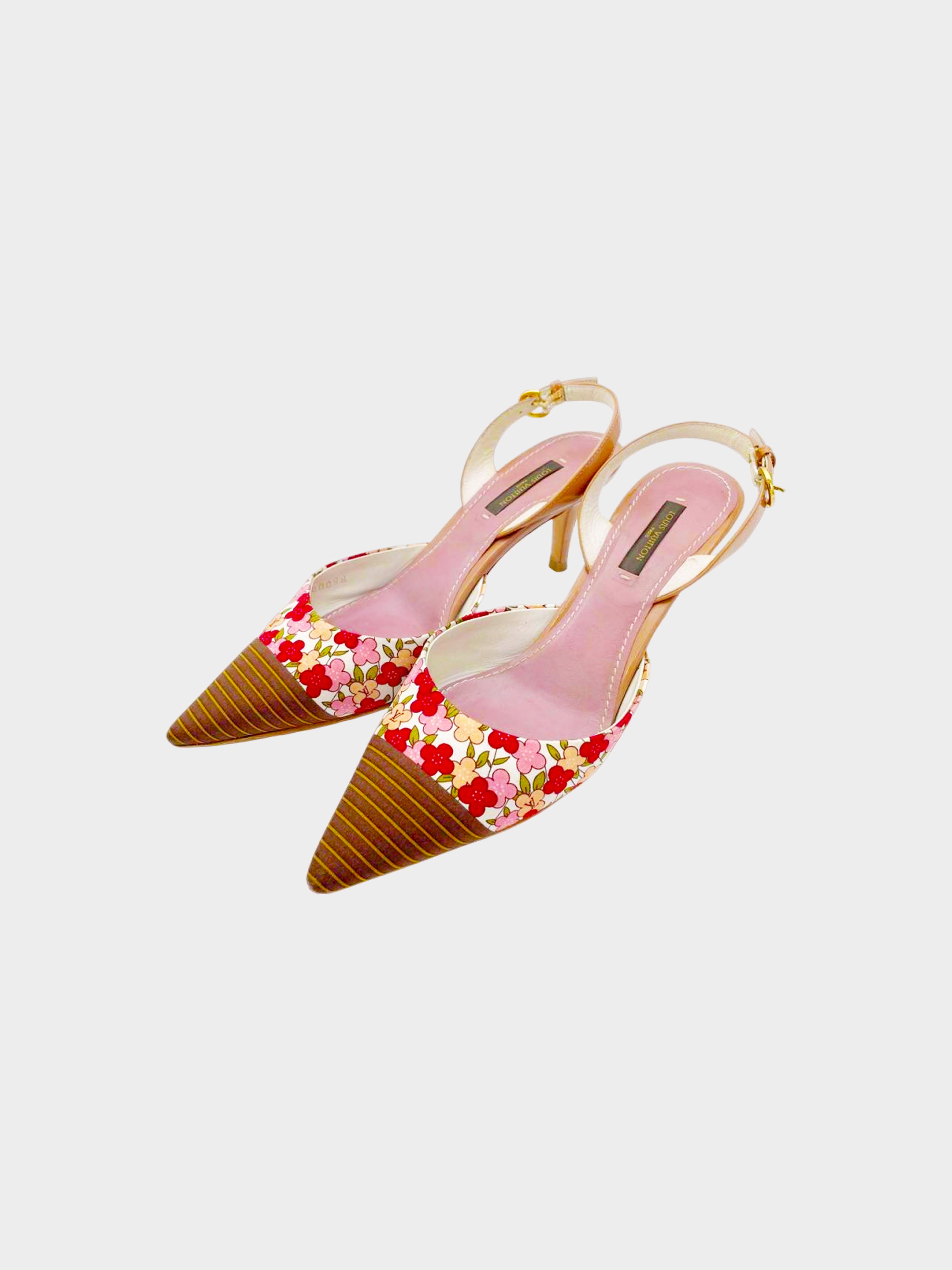 Louis Vuitton 2008 Floral and Stripe Pattern Slingback Heels