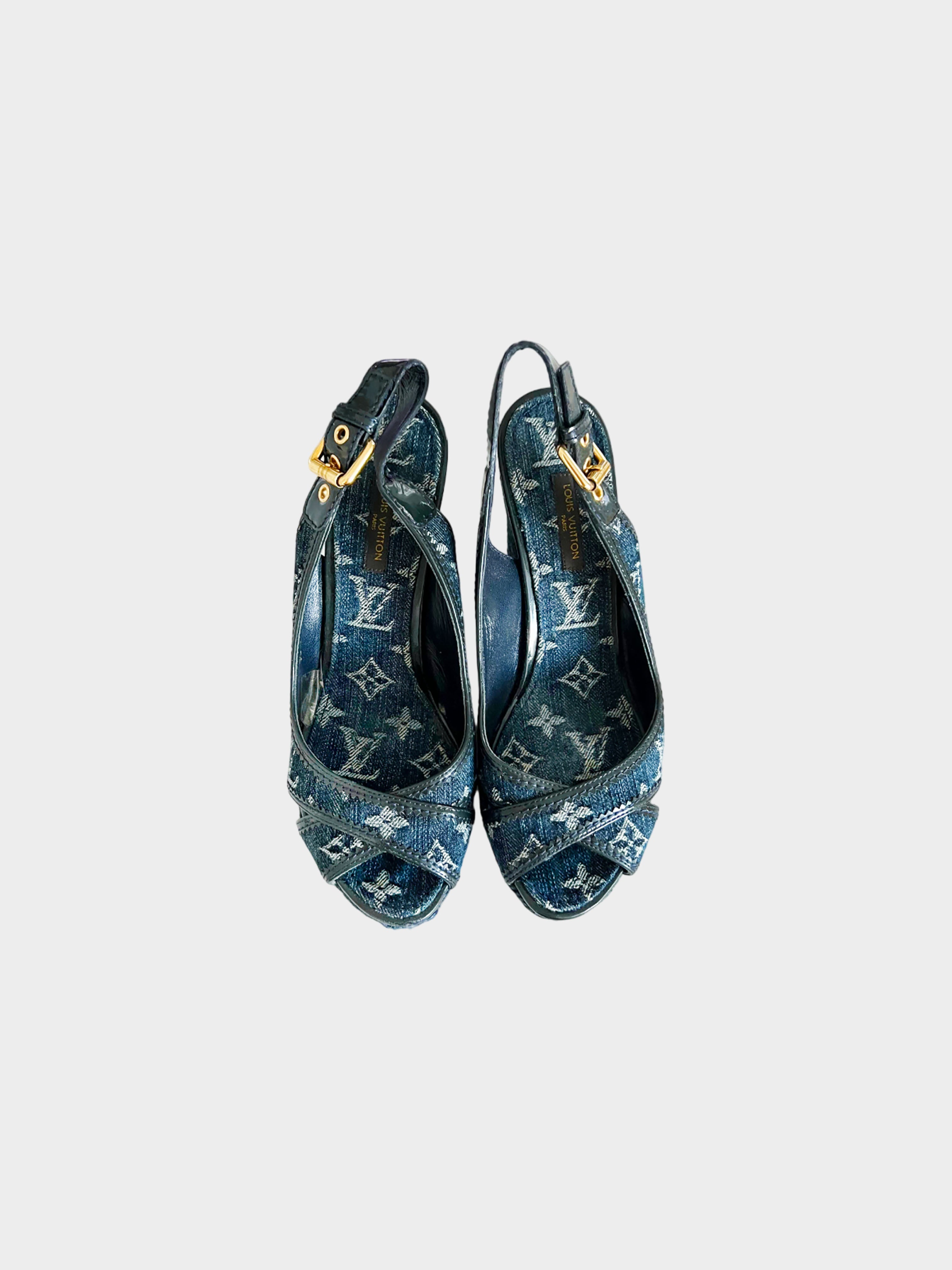 Louis Vuitton Early 2010s Navy Denim Slingback Espadrille Wedge Sandals