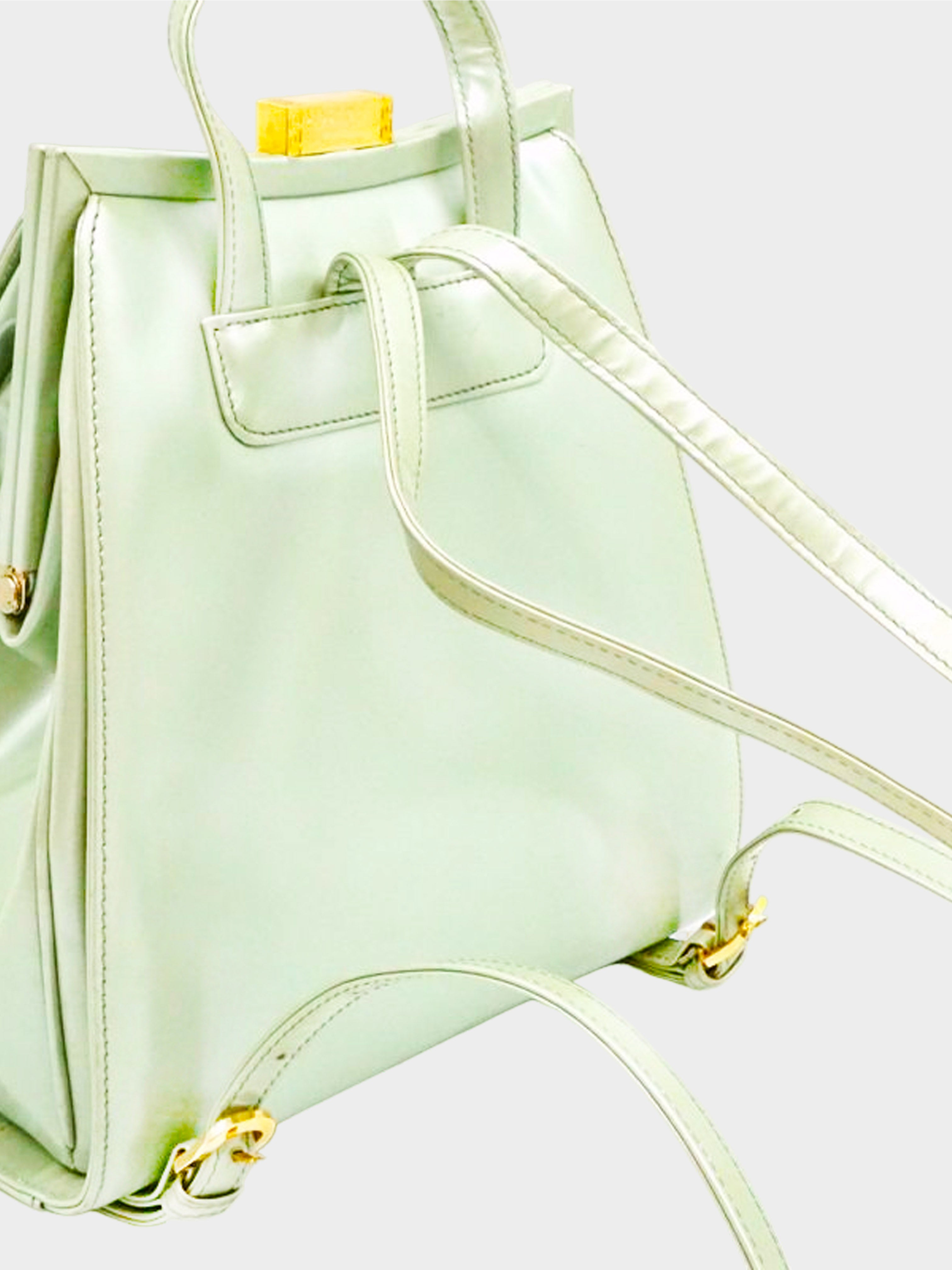 Gianni Versace 2000s Pastel Green Sunburst Patent Leather Backpack