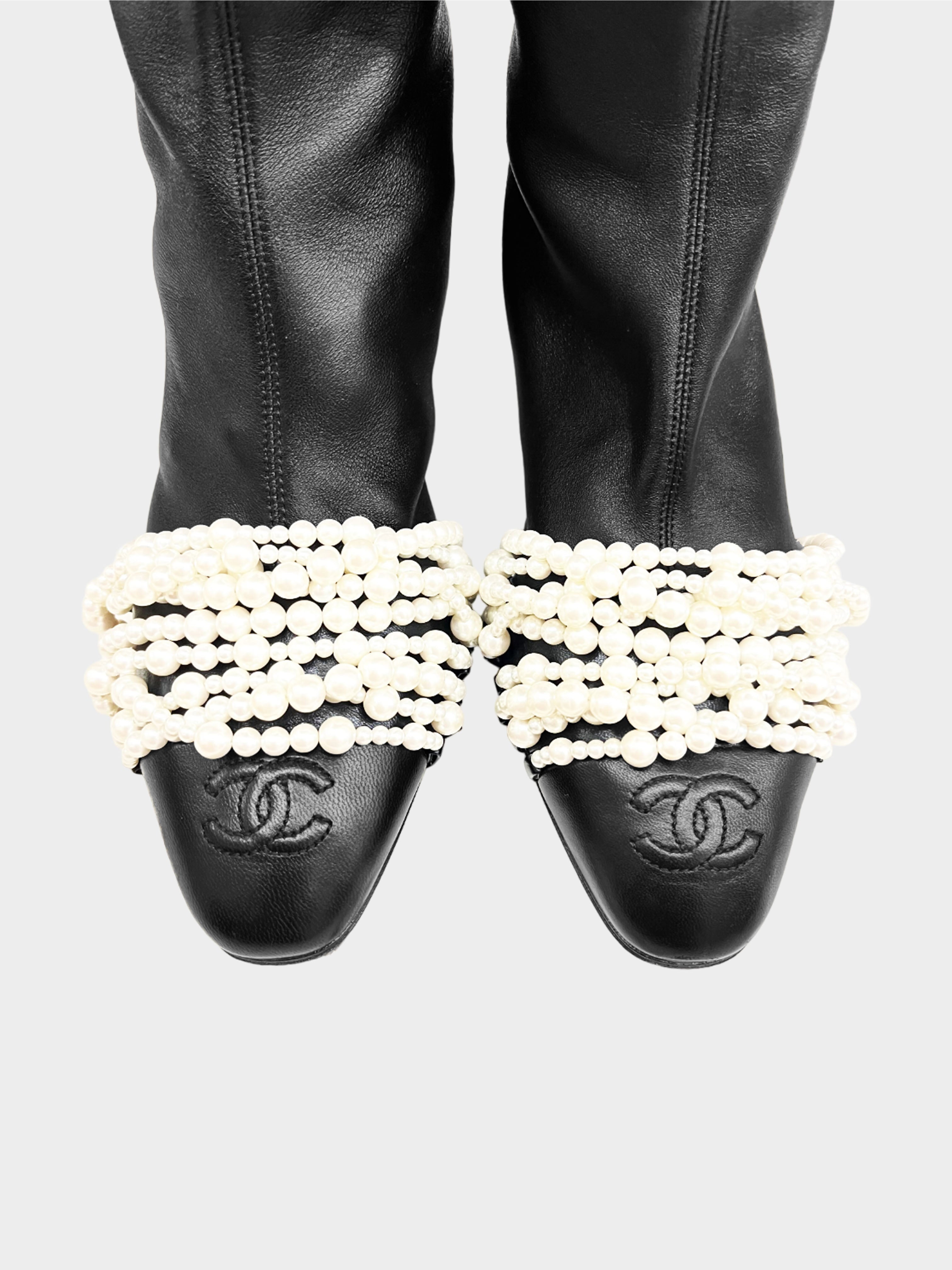 Chanel 2017 Tall Leather Boots with Faux Pearls