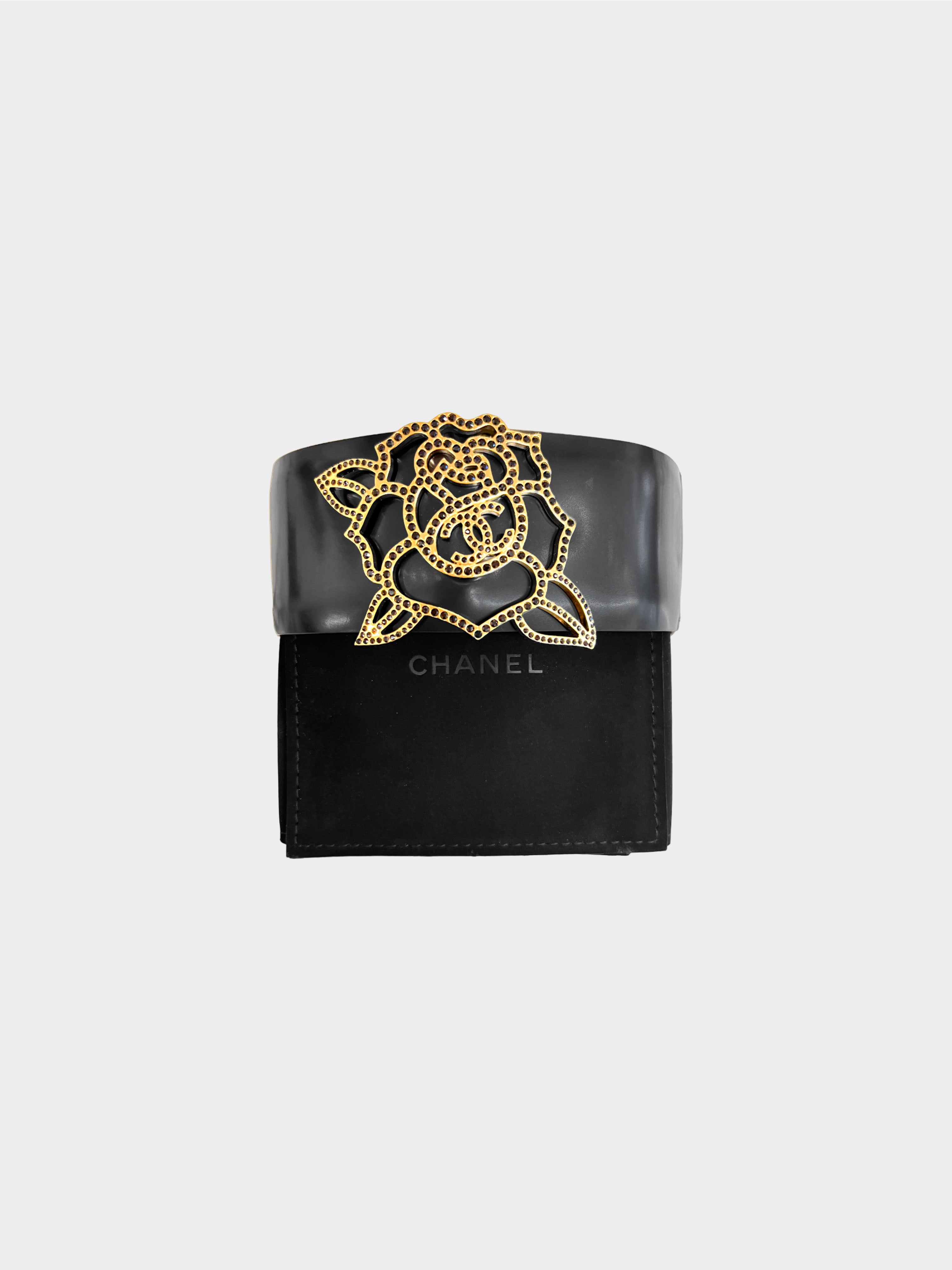 Chanel 2017 Black Rhinestone Camellia Leather Cuff Bracelet