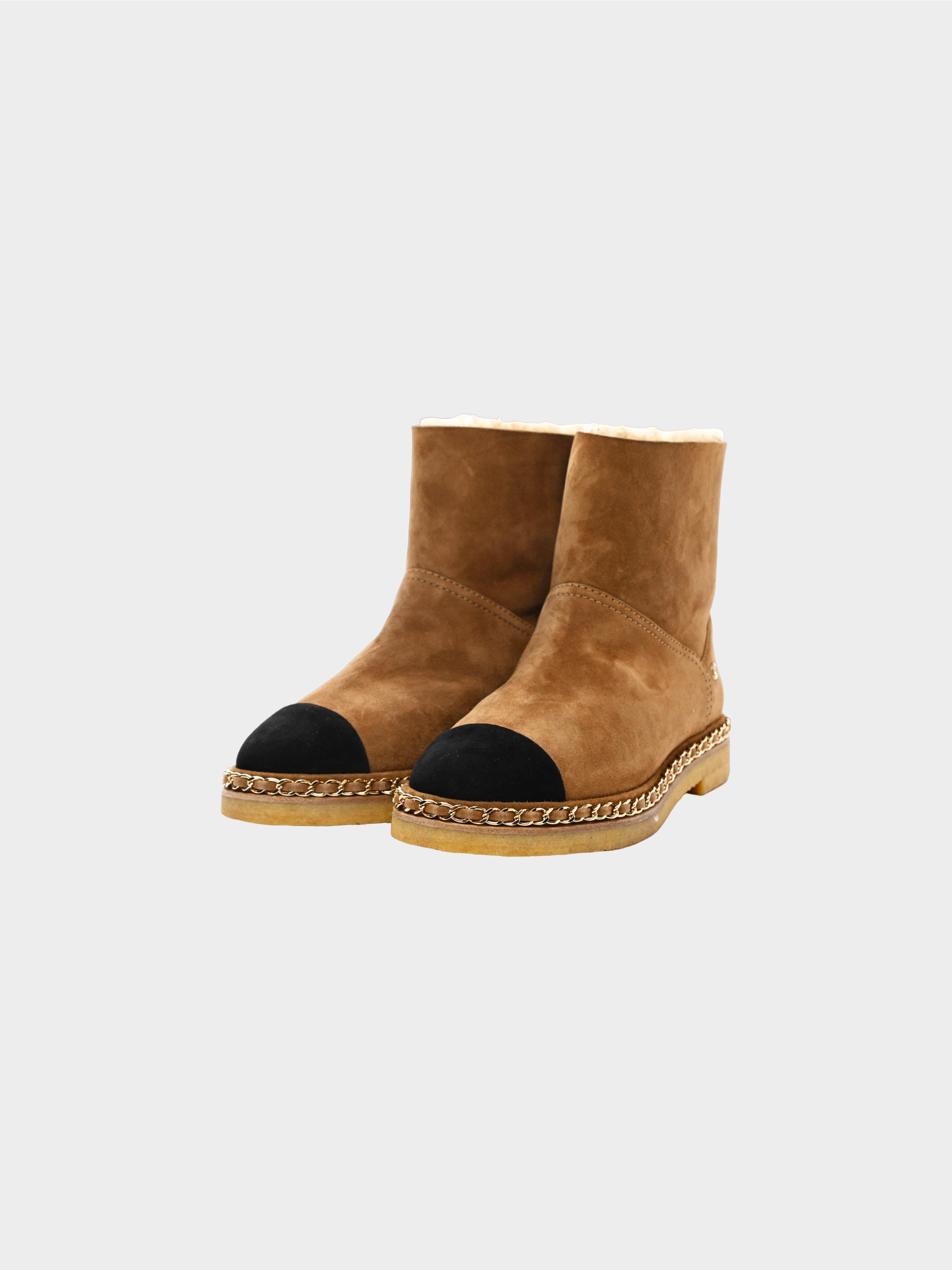 Chanel 2018 Brown Suede Shearling Ankle Boots