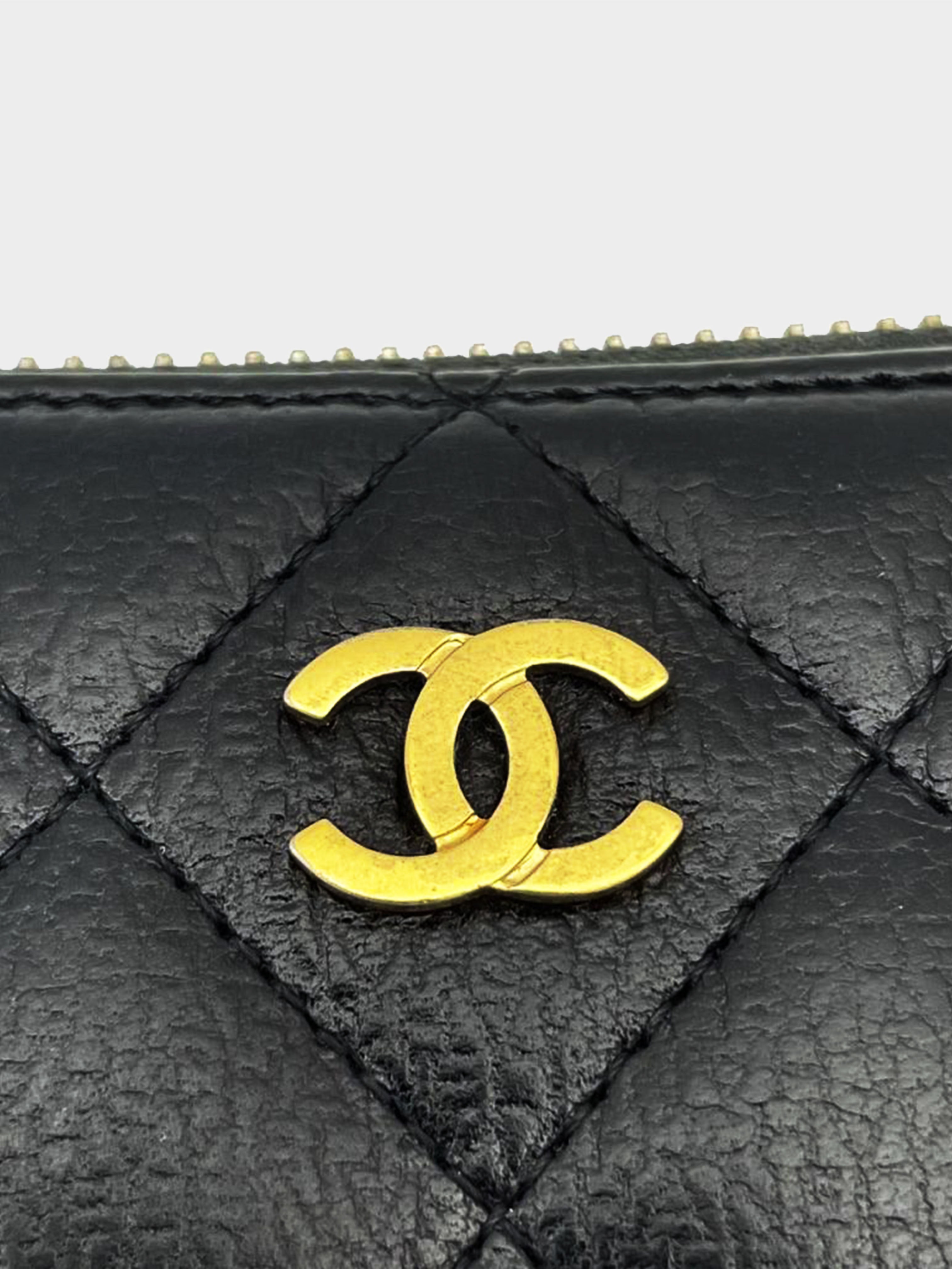 Chanel Gusset Zip Around Wallet Quilted Caviar Gold-tone Large Black