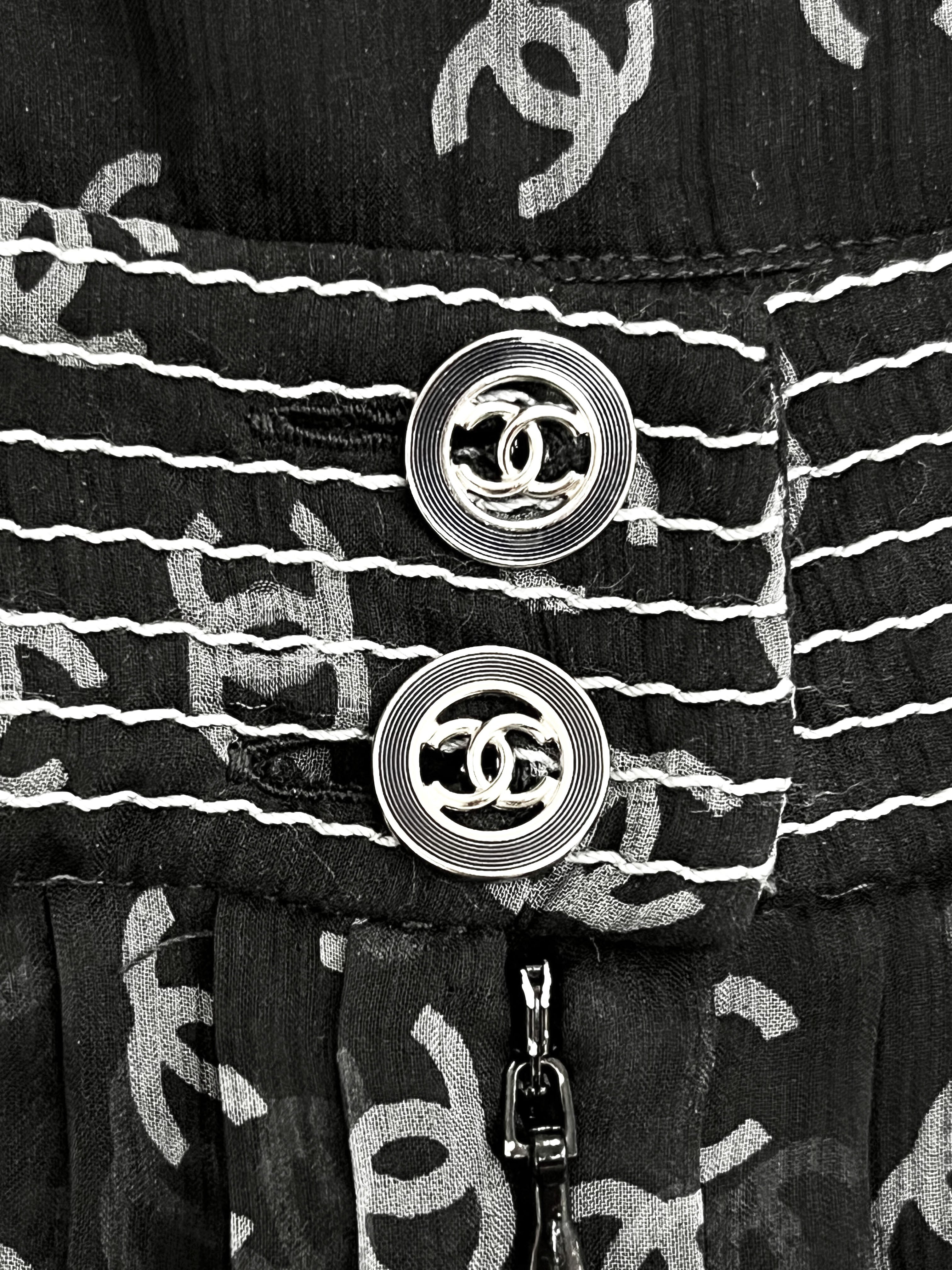 Chanel 2010s CC Logo All-over Print Pleated Chiffon Dress