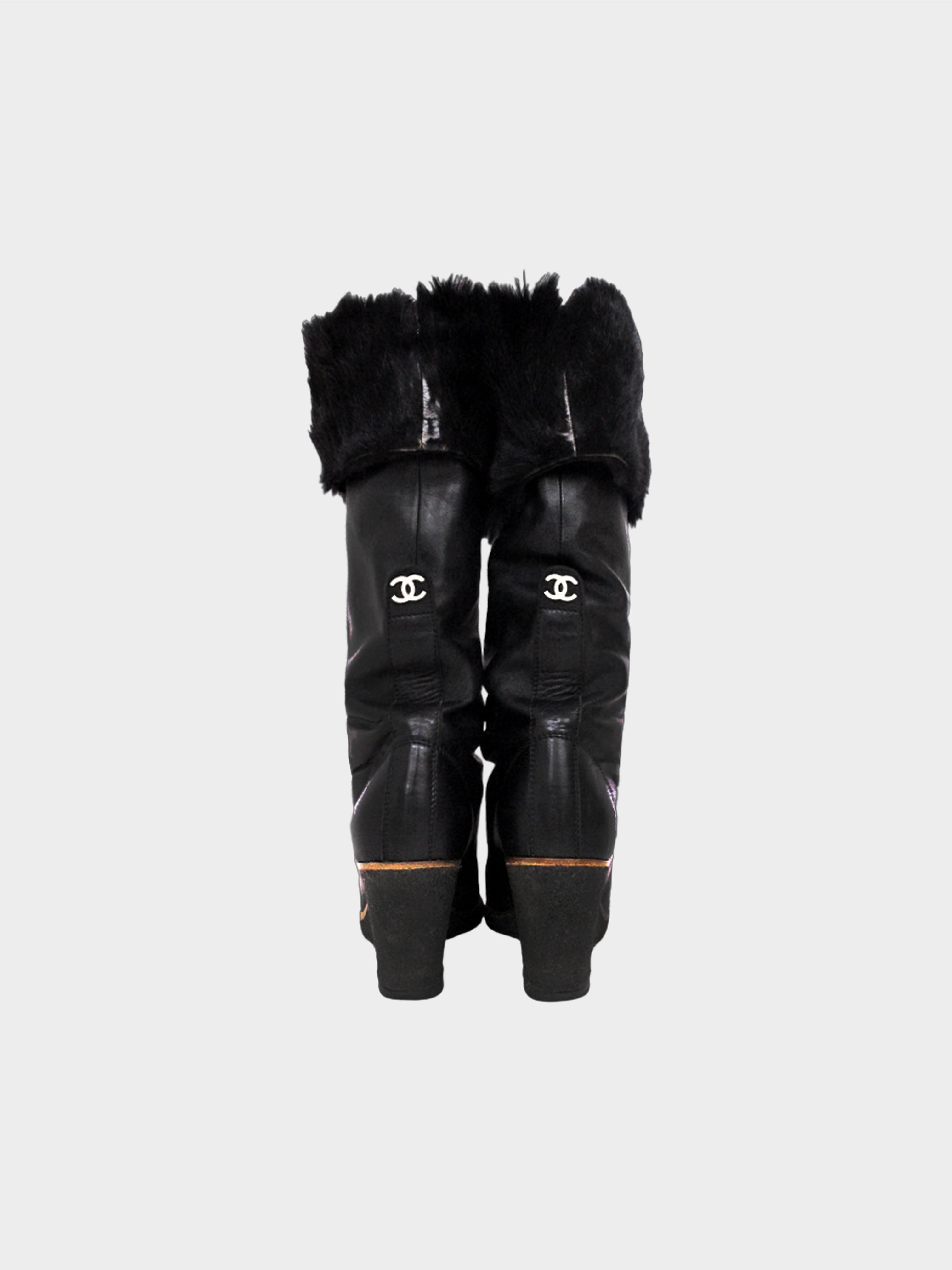 Chanel 2010s Black Leather Fur-lined Wedged Long Boots