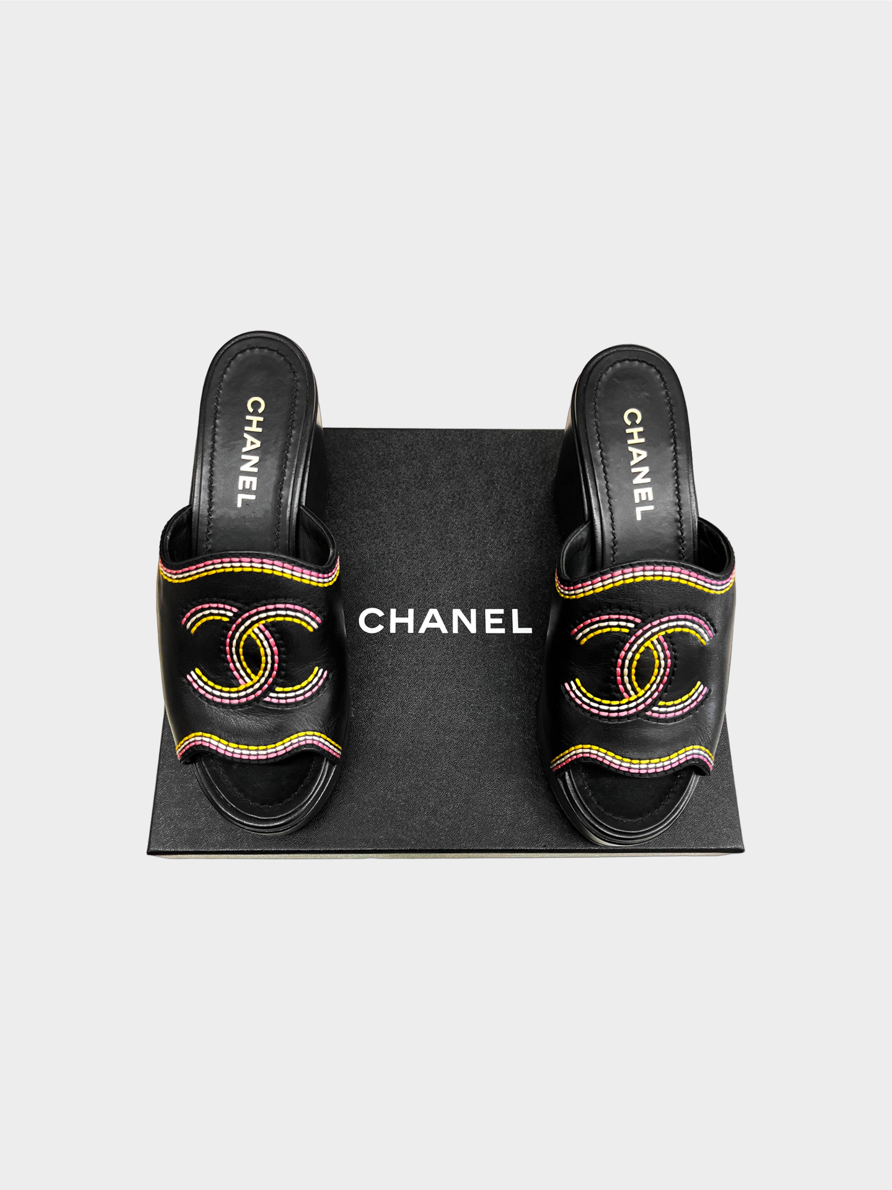 Chanel 2021 Multicolor Stitched CC Wedge Mules