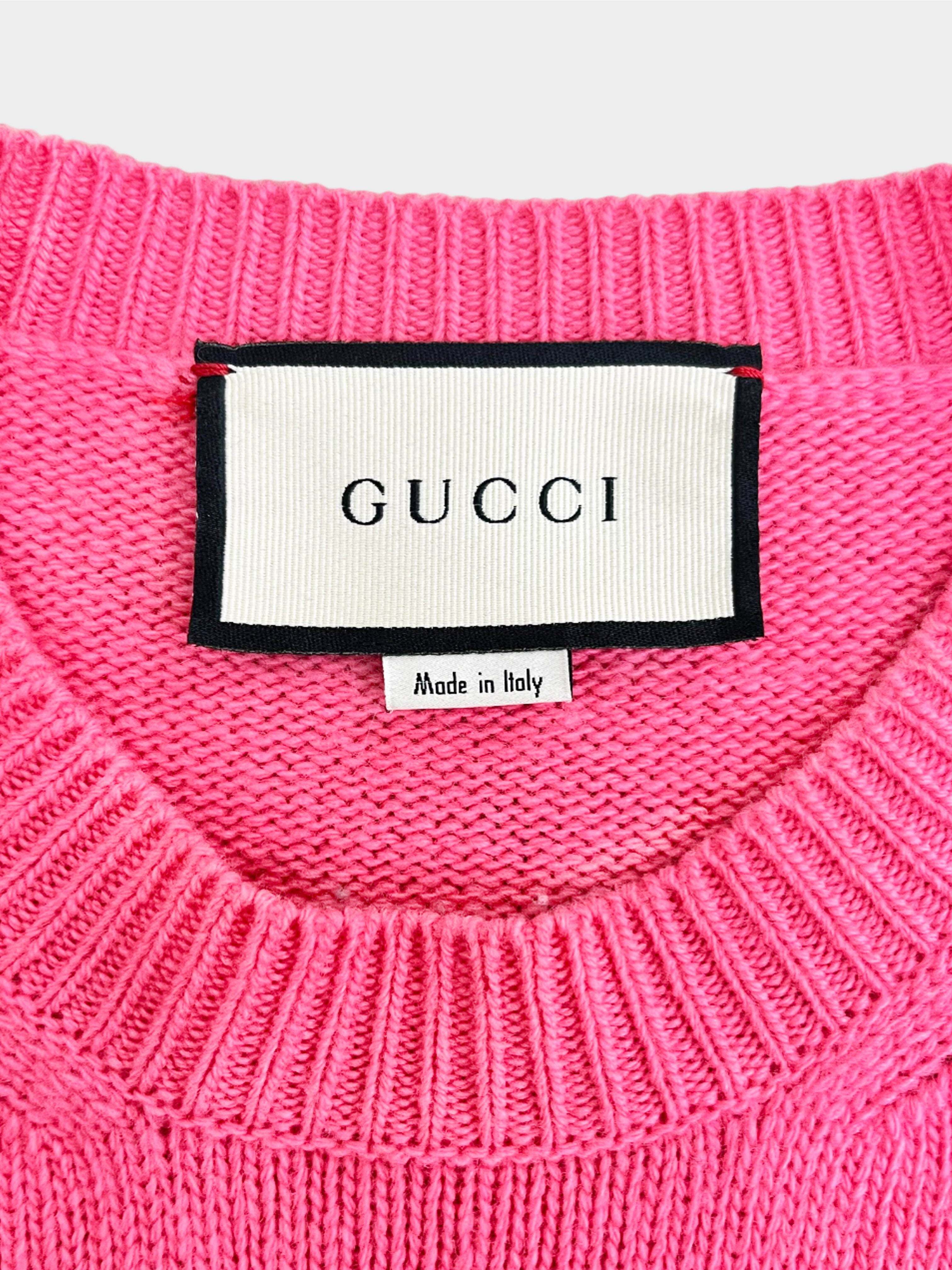 Gucci Cruise 2019 Pink and Red Logo Knit Sweater